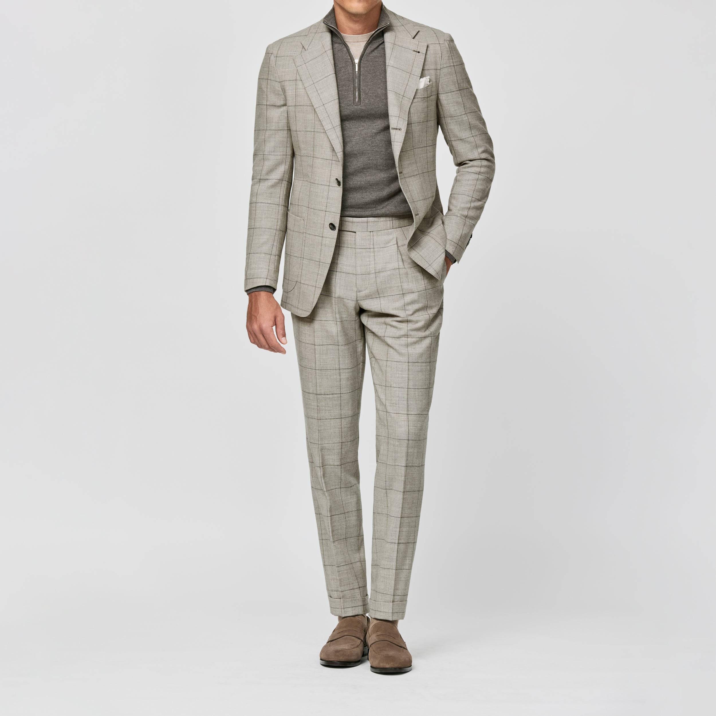 Beige S130 Natural Bi-Stretch Wool Flannel w/ Brown Windowpane Suit