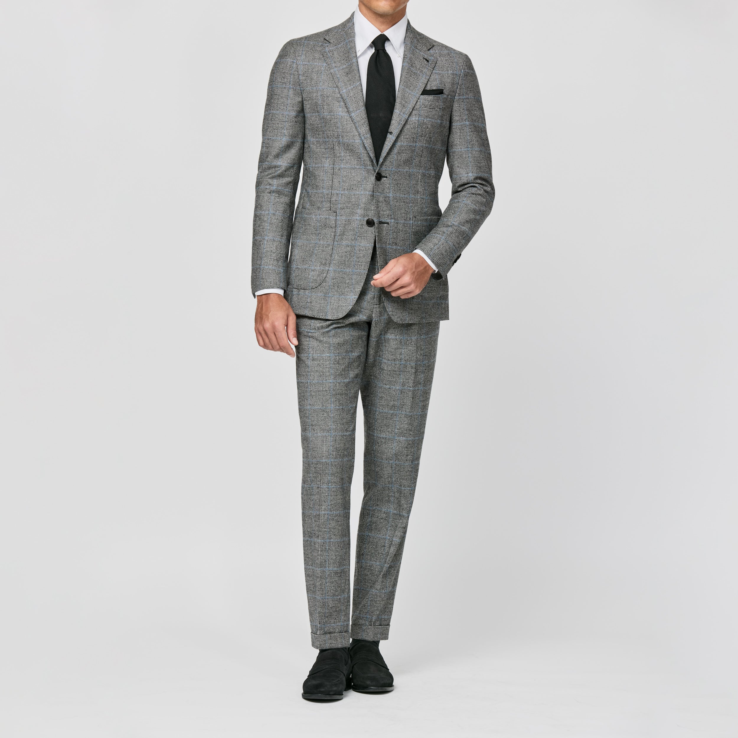 Black-White Wool-Cashmere Glen Plaid w/ Cobalt Blue Windowpane Suit