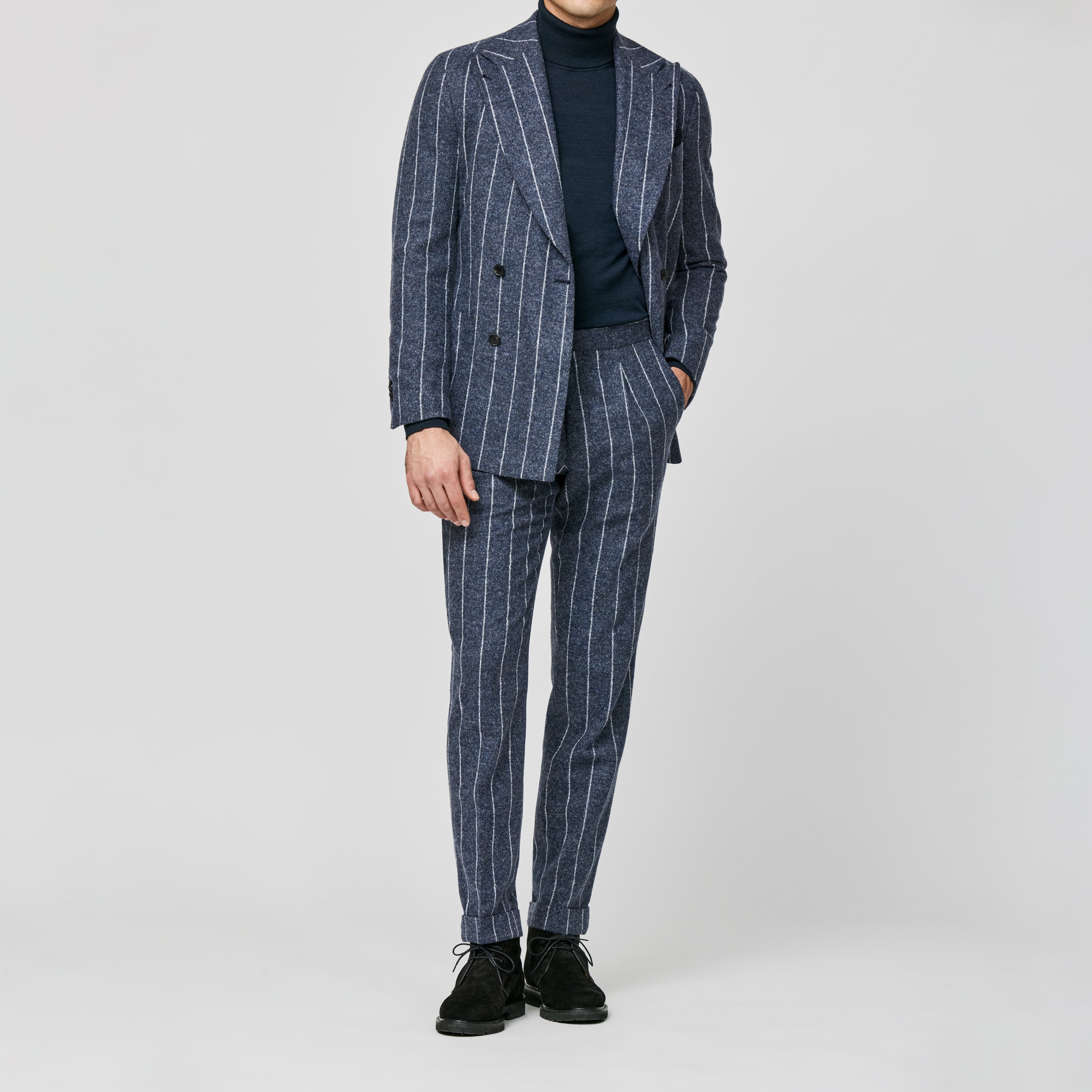 Dark Slate Blue Stretch Alpaca & Wool Blend w/ Ice Grey Stripe Suit