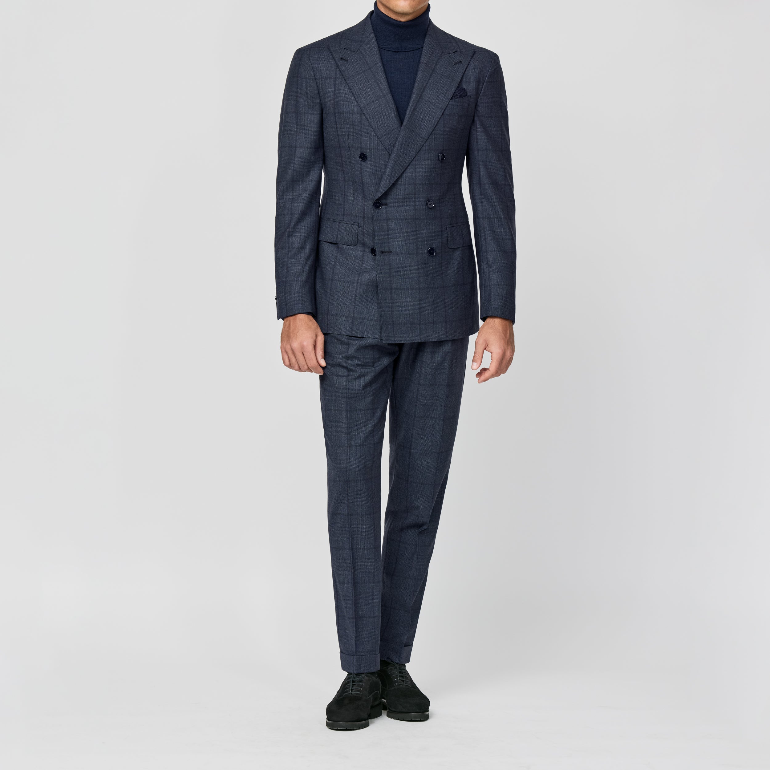 Dark Stone Blue Wool Glen Plaid w/ Dark Brown Overcheck Suit