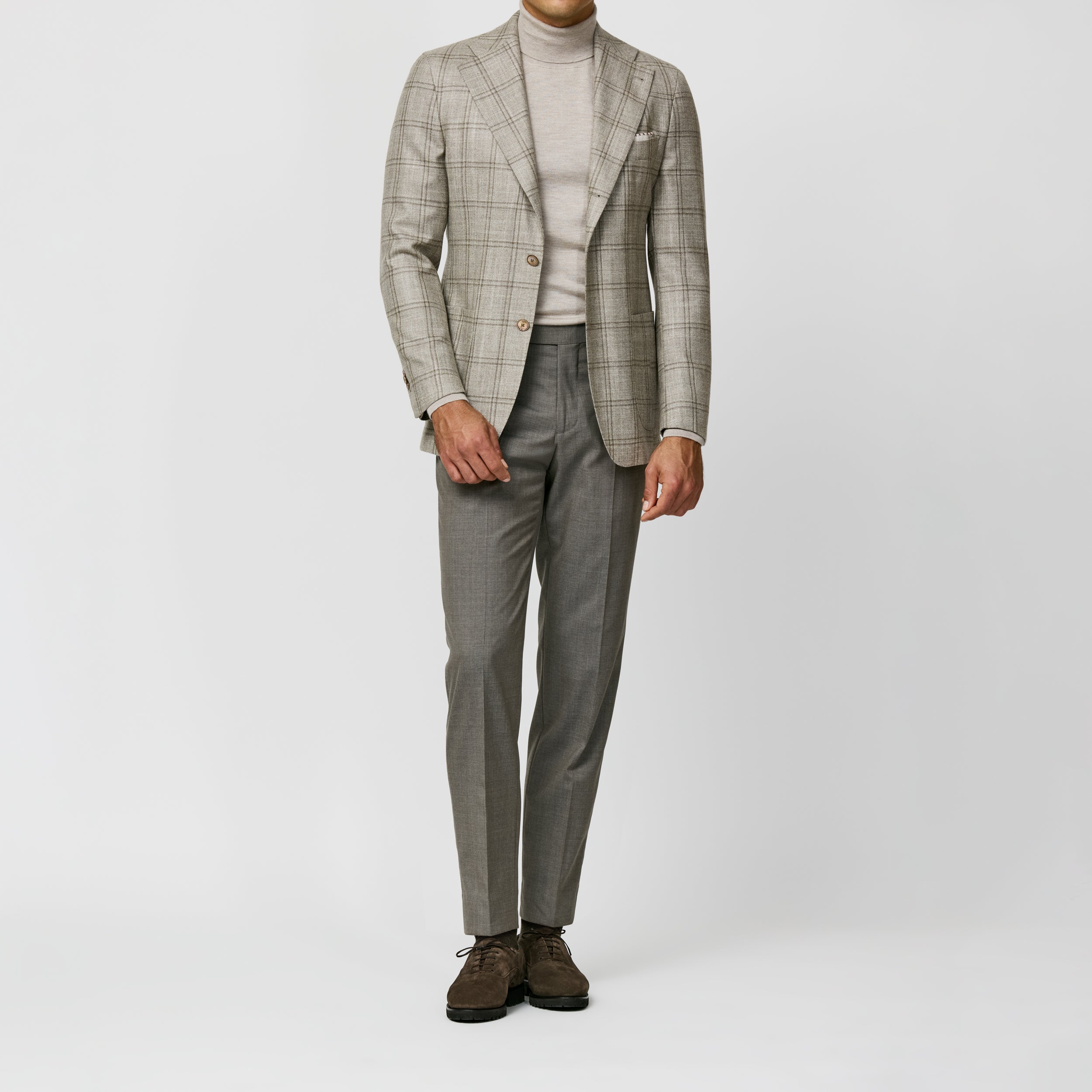 Oatmeal Wool-Silk-Cashmere w/ Taupe Double Windowpane Jacket