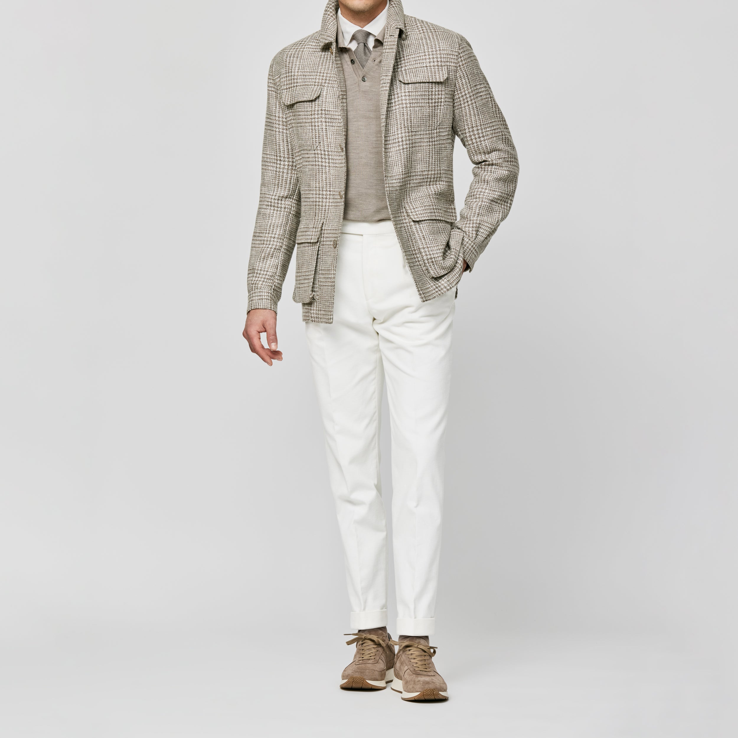 Brown Wool-Alpaca-Silk-Linen W/ Glen Plaid Utility Jacket