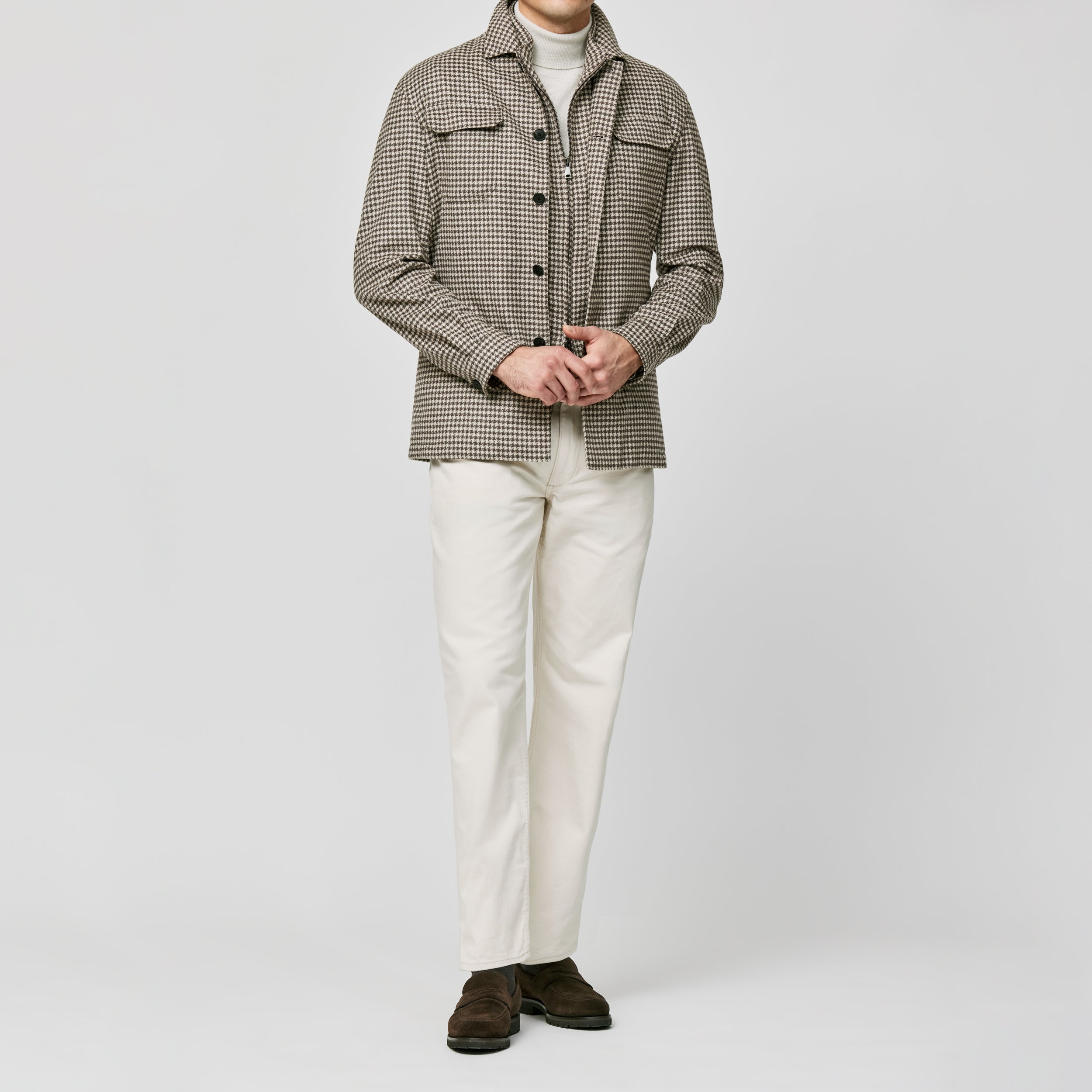 Sand-Coffee Brown WoolCashmere Houndstooth Utility Jacket