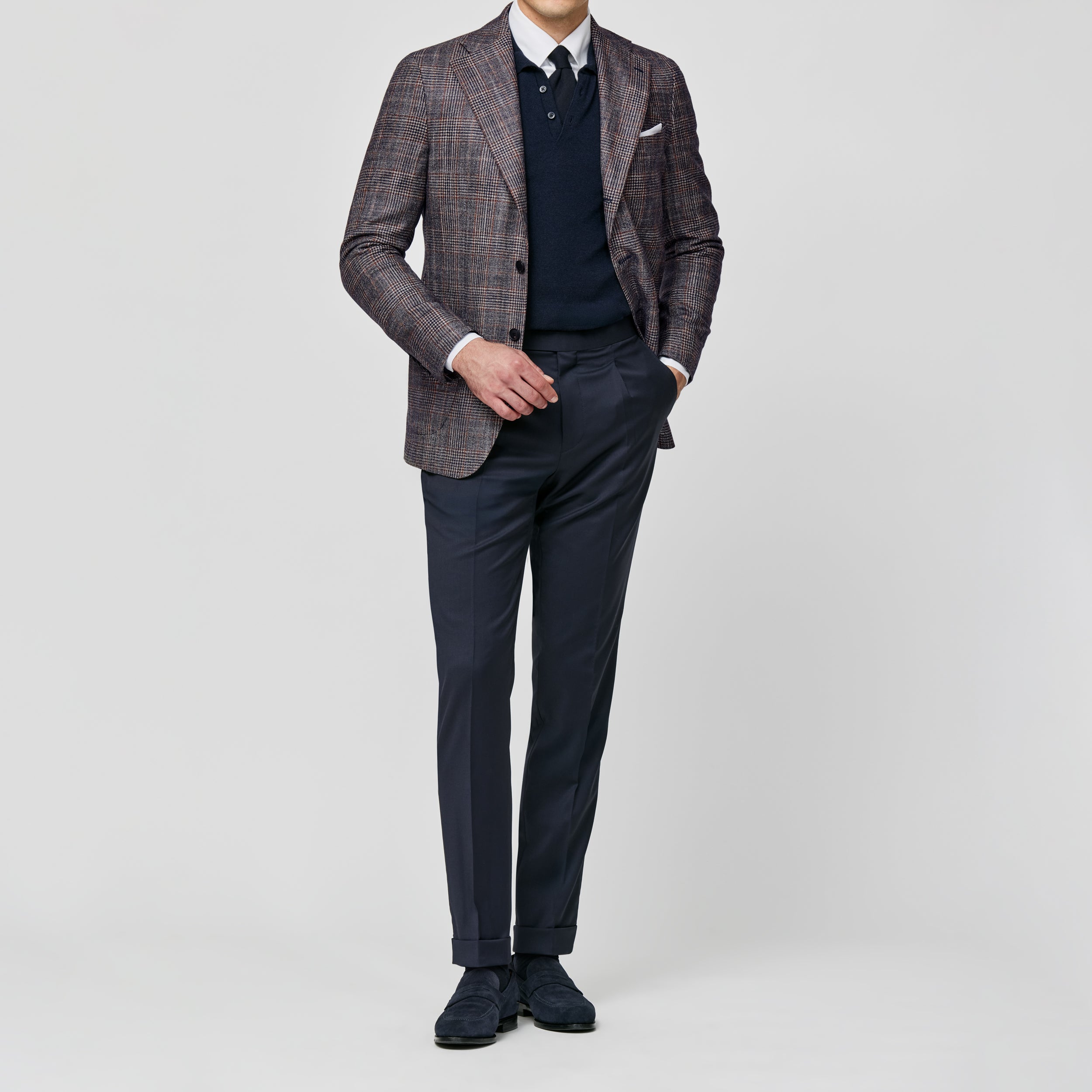 Blue-Sand Wool-Silk-Cashmere w/ Copper Glen Plaid Jacket