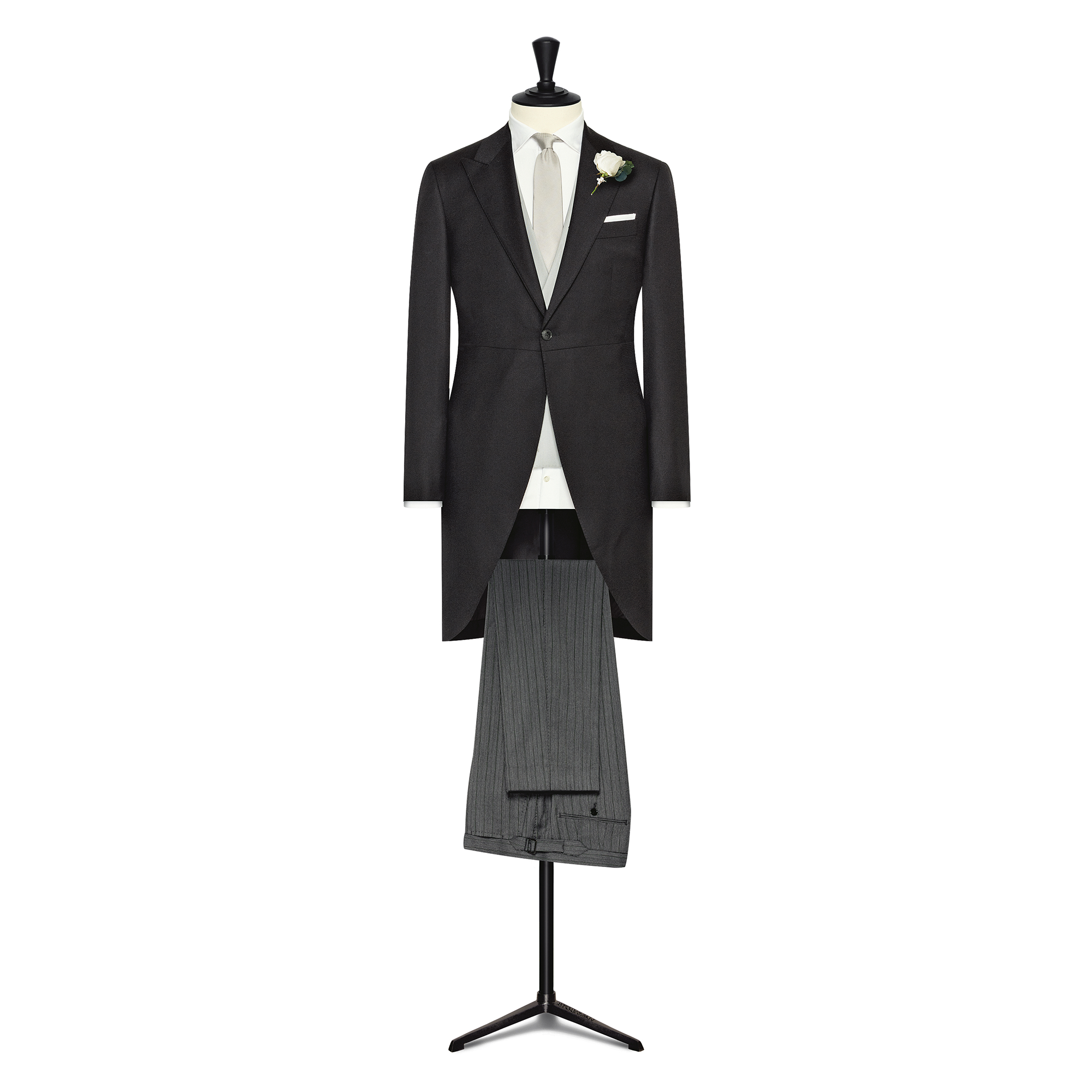 Black S120 Wool Sablé Morning Coat, Ivory S120 Wool Sablé Vest & Grey S110 Wool W/ Pinstripe Trousers