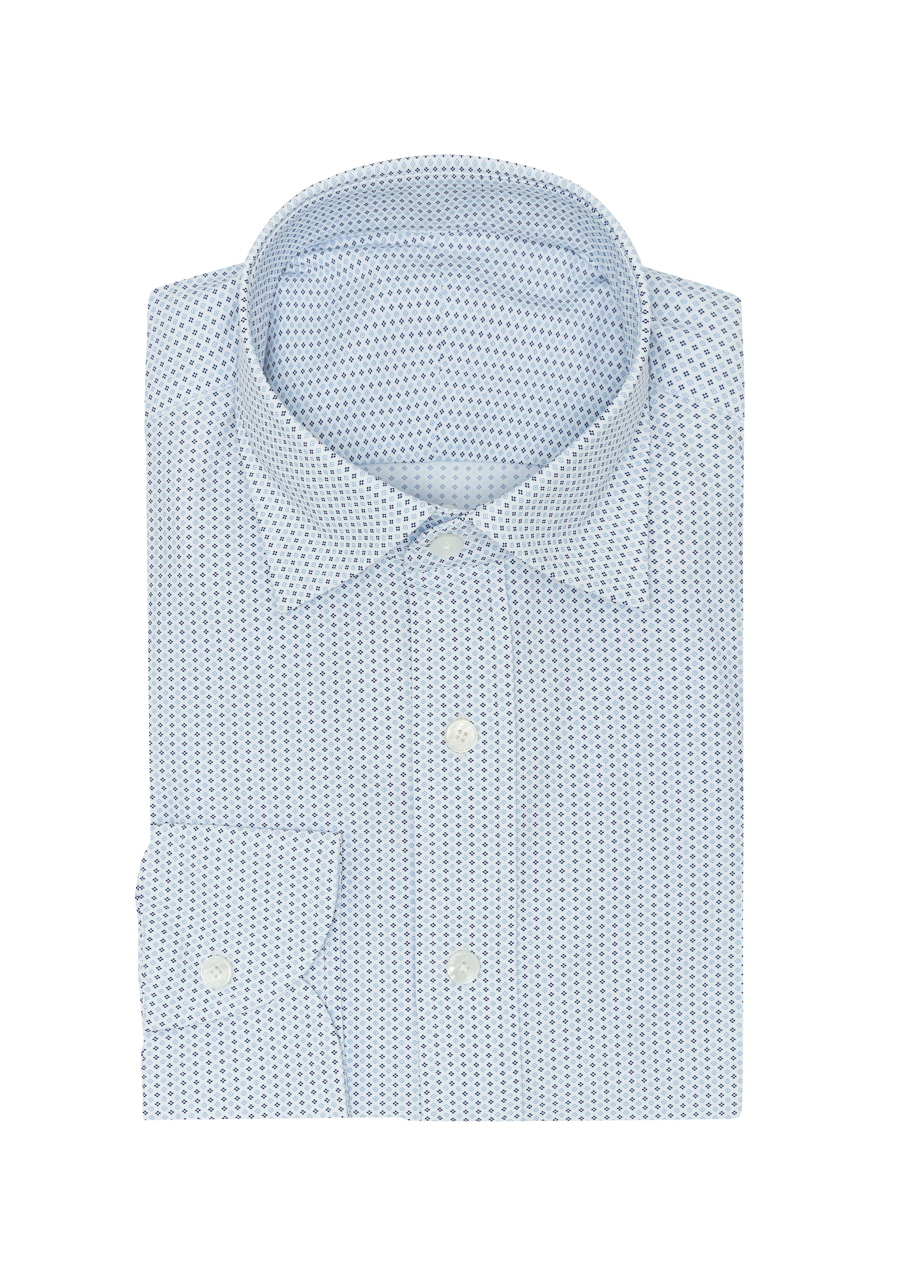 White High-Stretch Performance Knit W/ Mixed-Blue Micro-Design Shirt