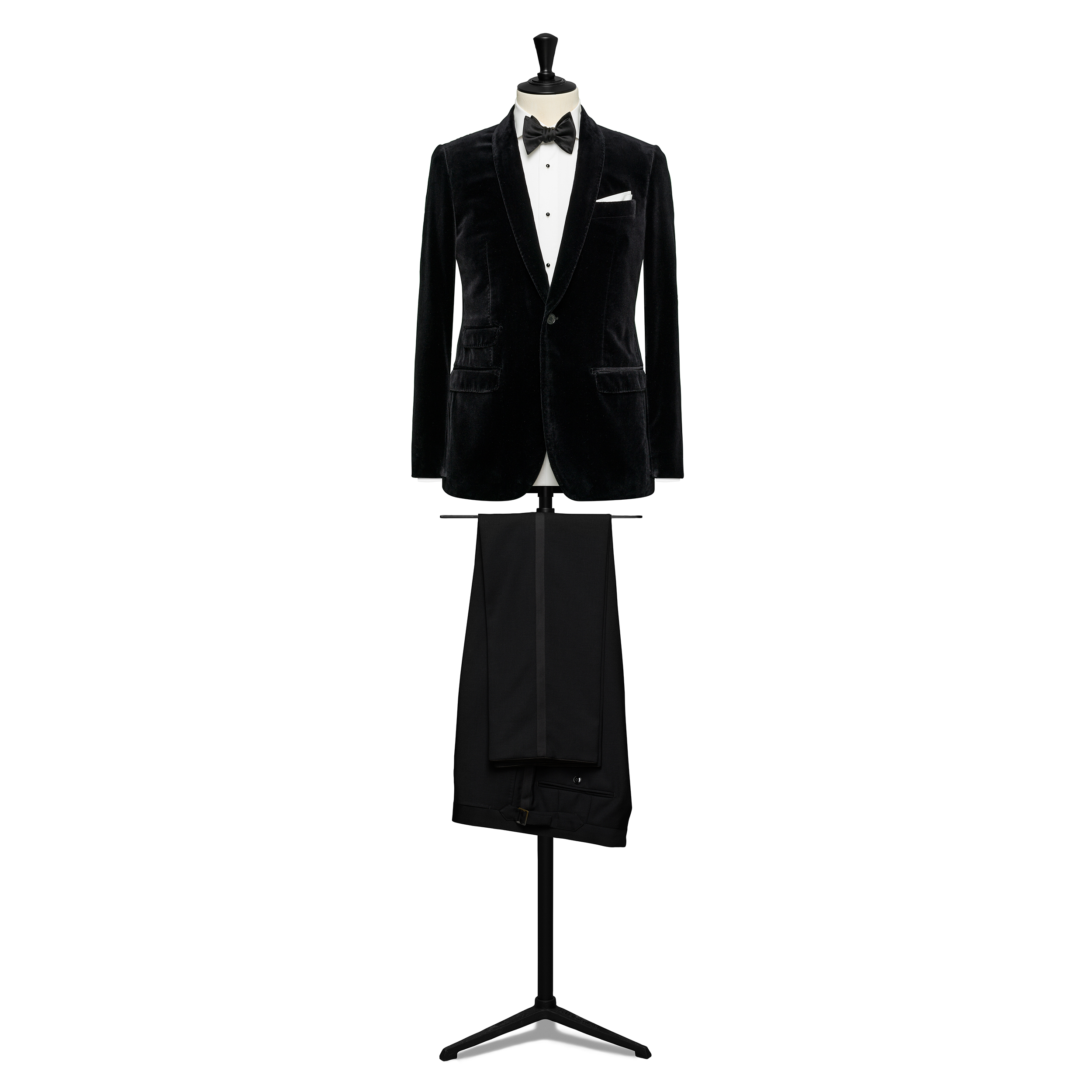 Black Cotton Velvet W/ WoolMohair Barathea Black Tuxedo Trousers