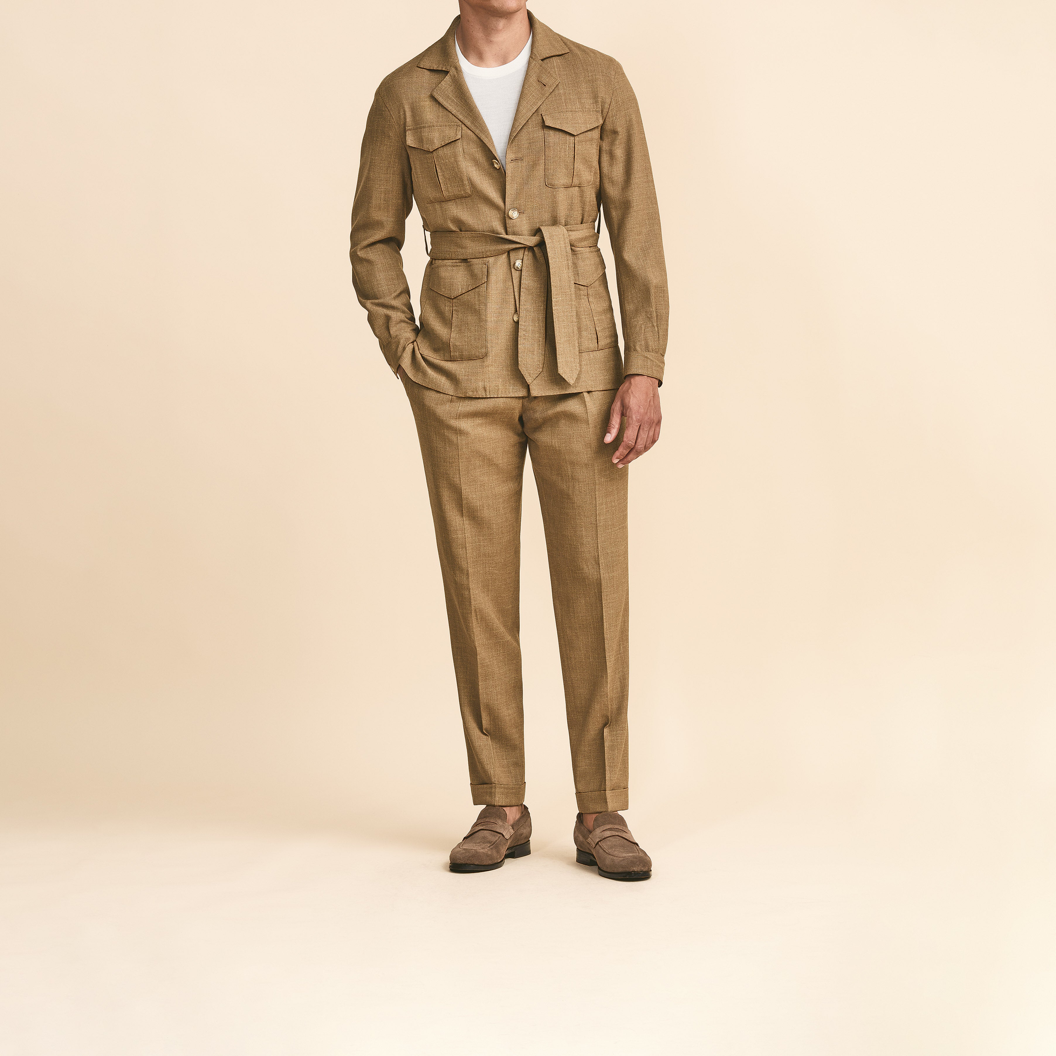 Caramel Wool-Silk-Linen Tropical Safari Suit