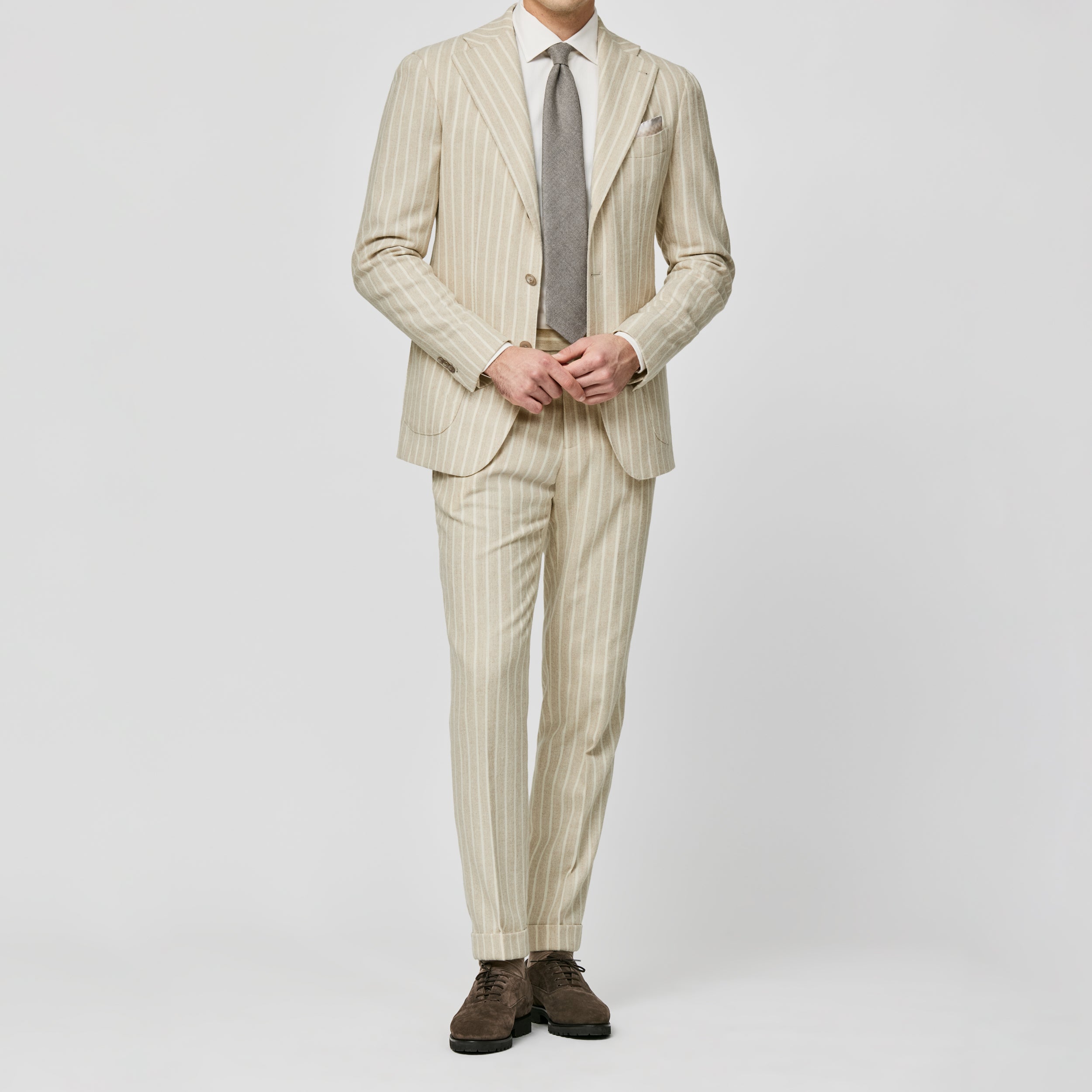 Sand Stretch Alpaca-Wool Blend w/ Ivory Stripes Suit