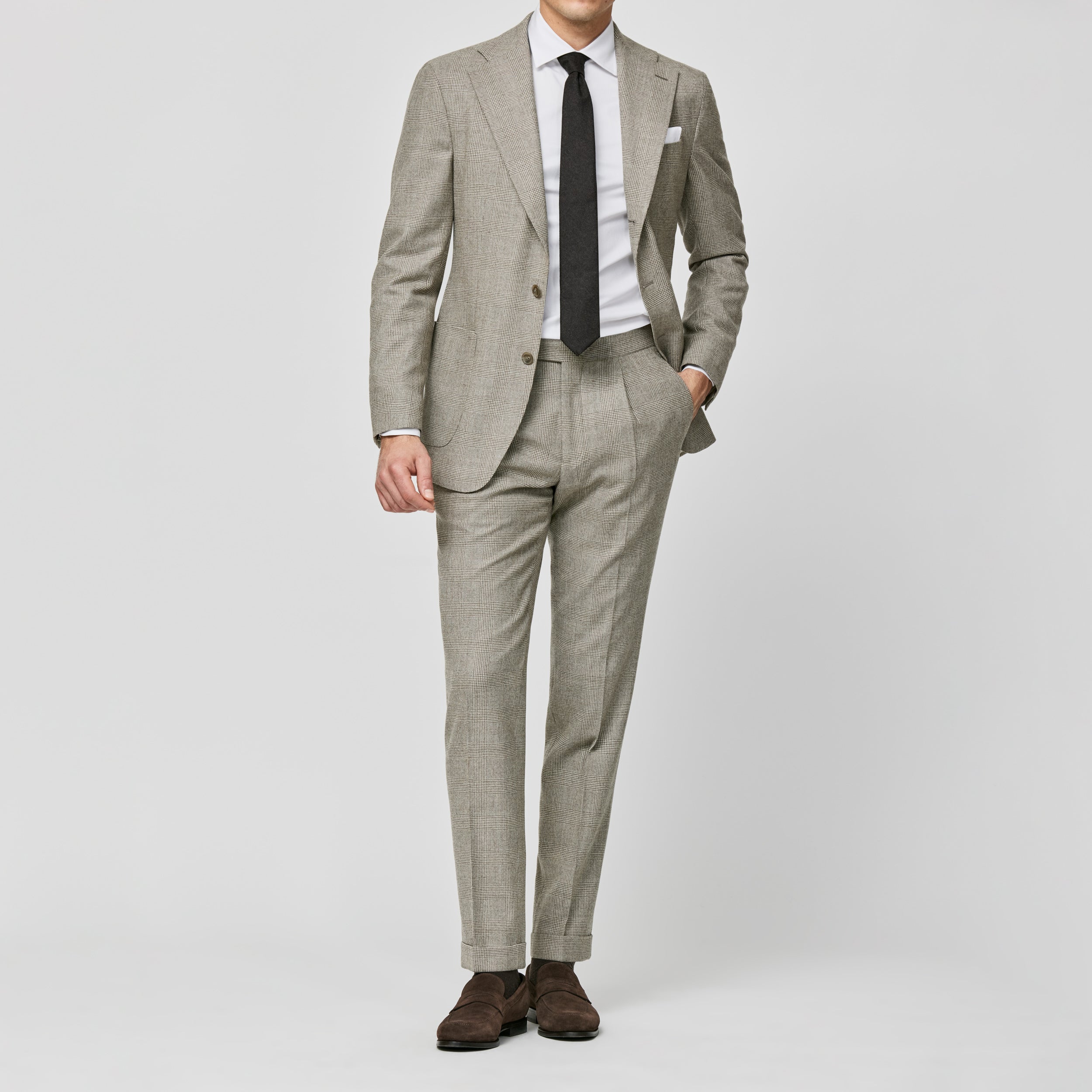 Taupe-Ivory Stretch Wool Glen Plaid Suit
