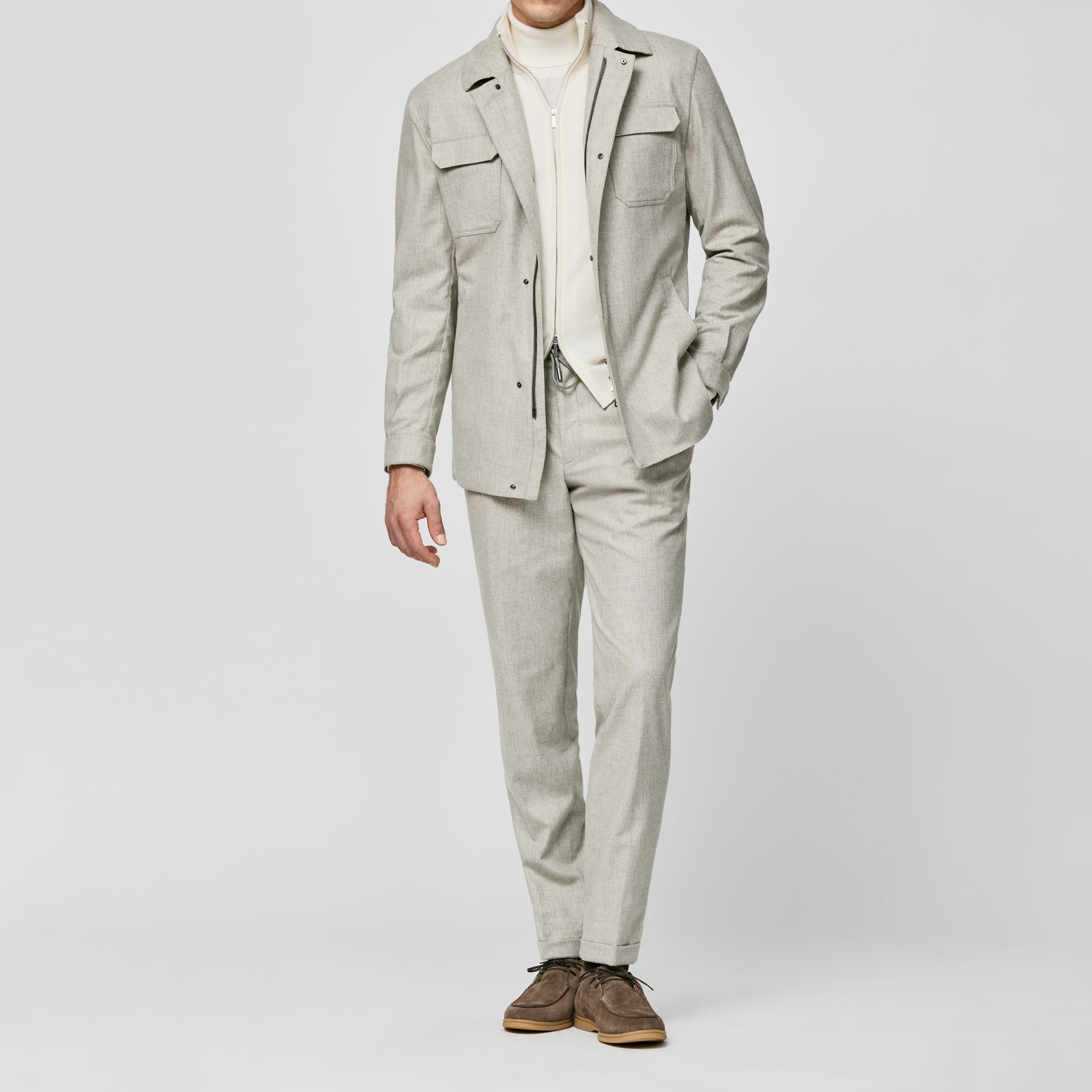 Bone-Greige Wool-Cashmere Plain Weave Suit