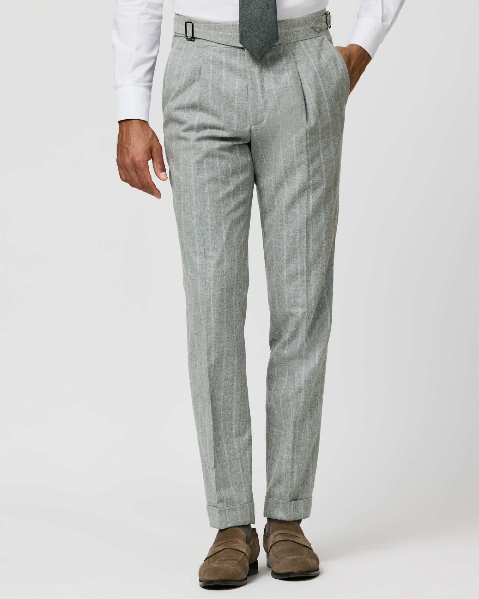 Stone Grey Wool-Cashmere w/ Chalk Stripe Trousers