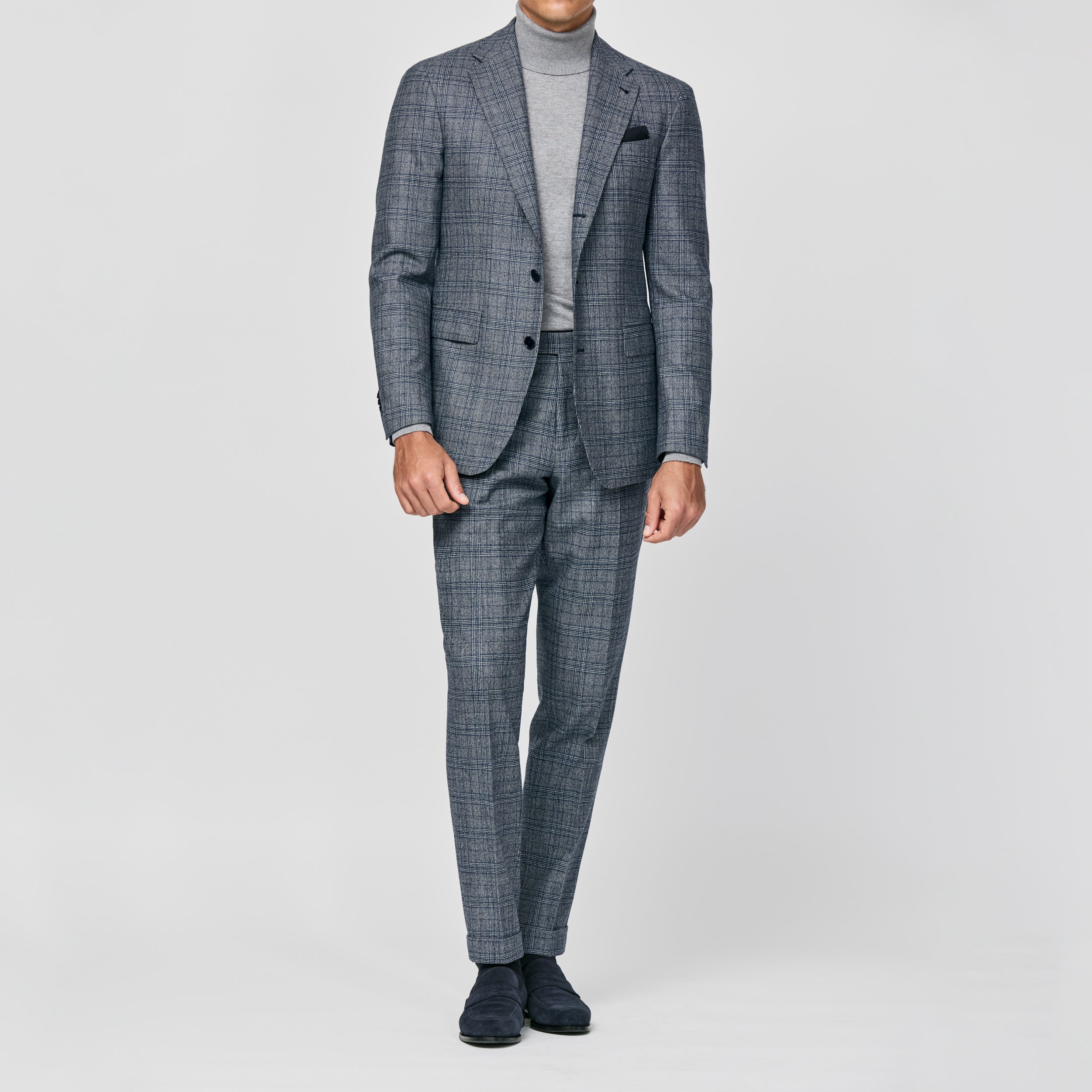 Mixed Grey Stretch Wool w/ Blue Glen Plaid Suit