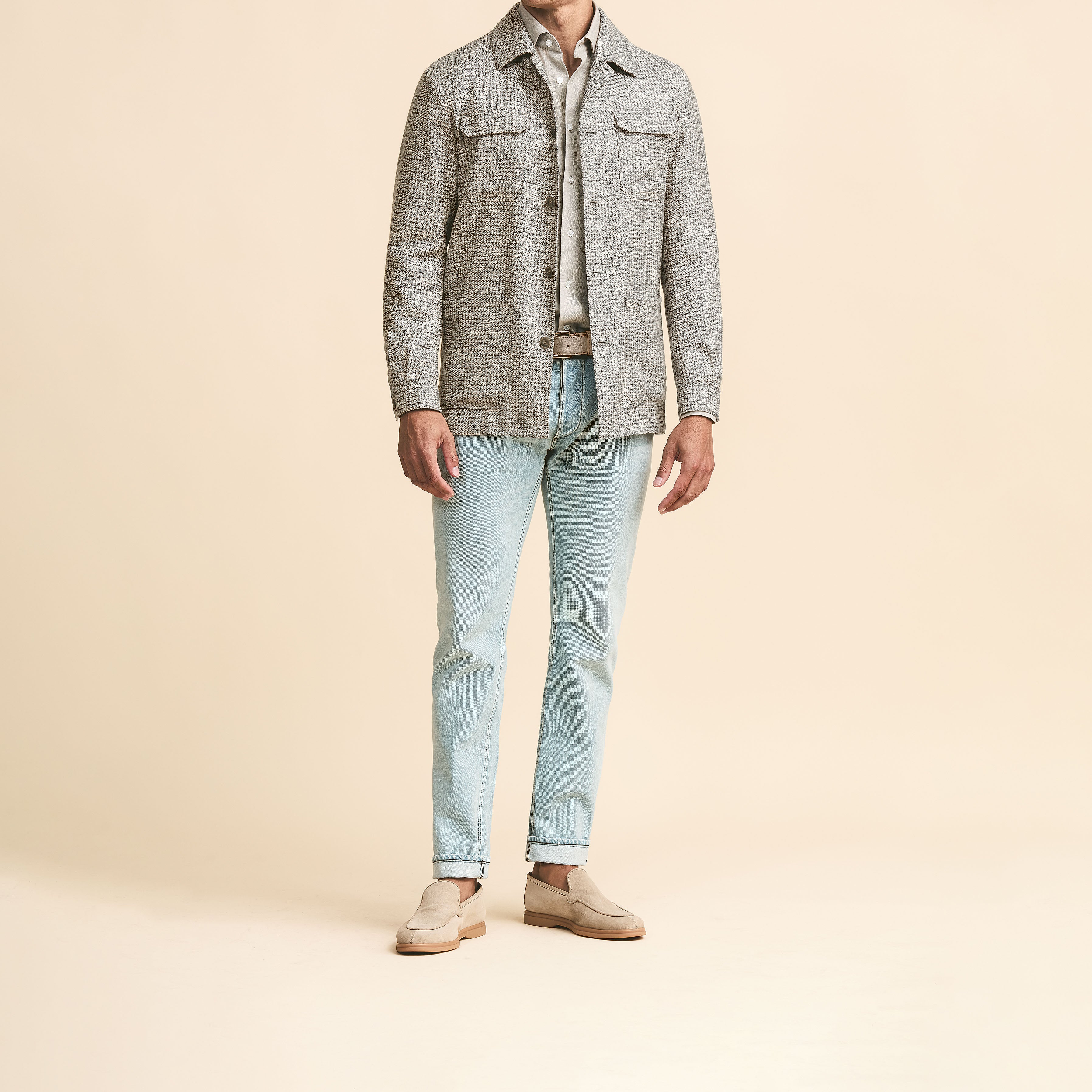 Light Grey-Taupe Wool-Silk-Linen Houndstooth Utility Jacket