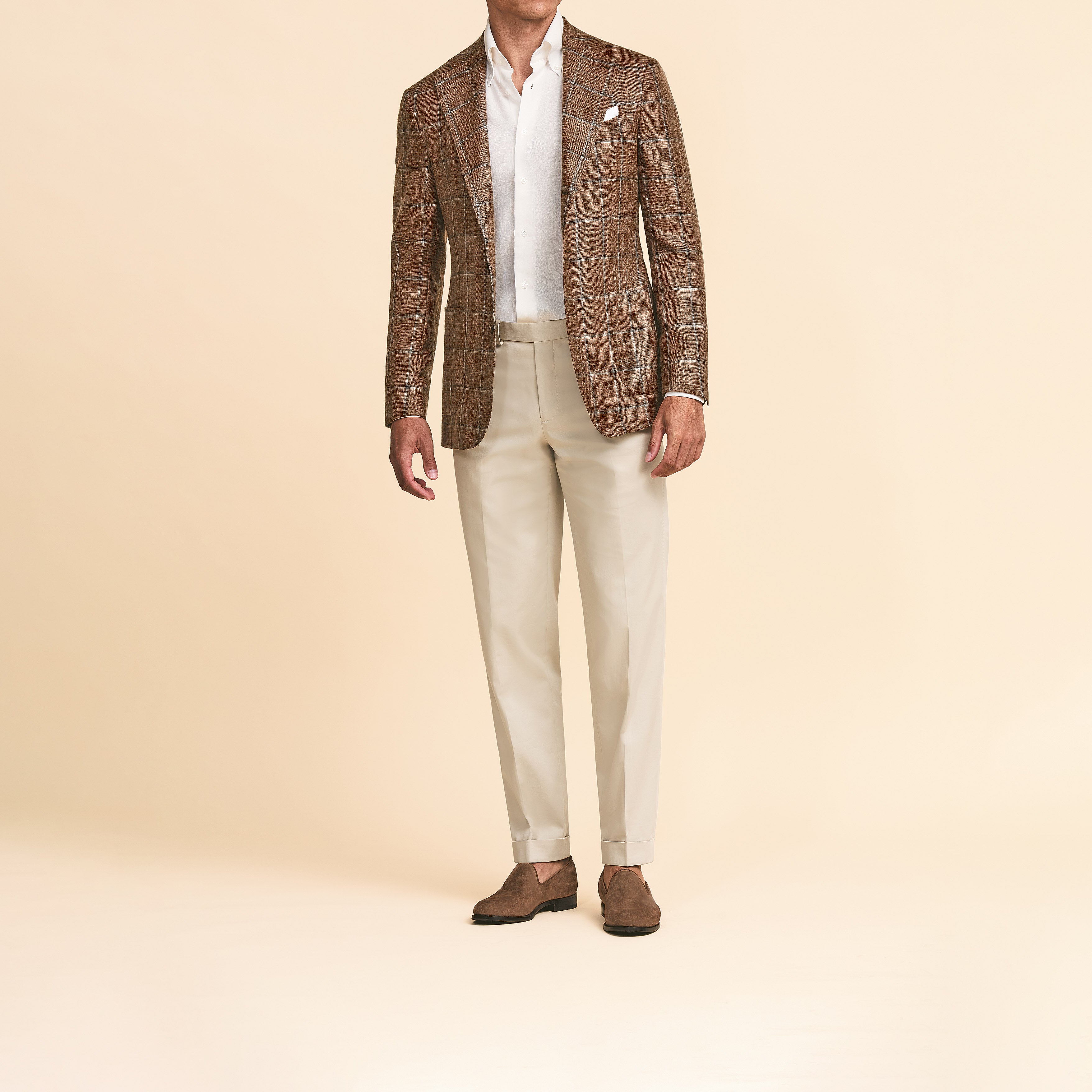 Chestnut Brown Wool-Silk-Linen w/ Light Grey Windowpane Jacket