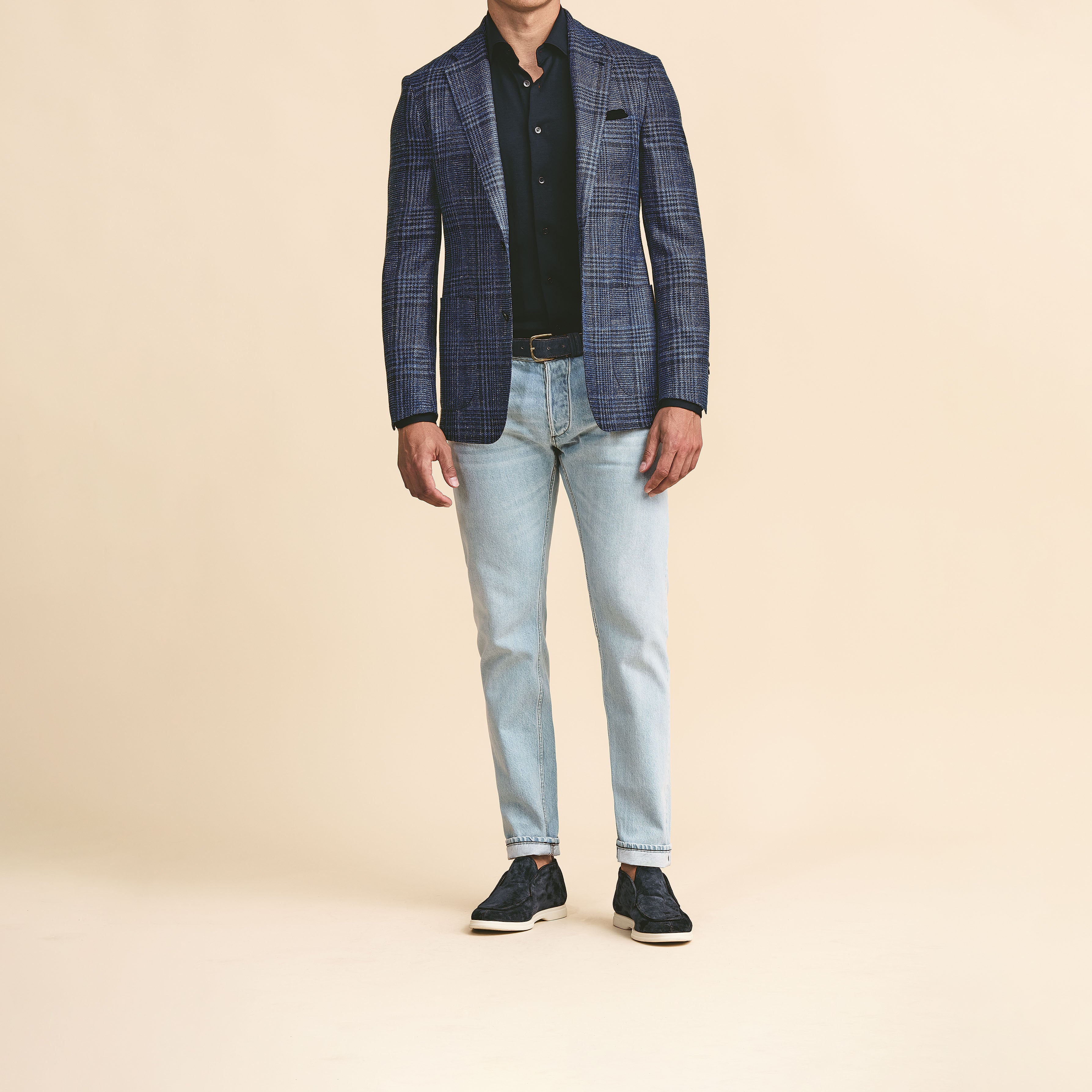 Indigo Wool-Silk-Linen w/ Navy Glen Plaid Jacket