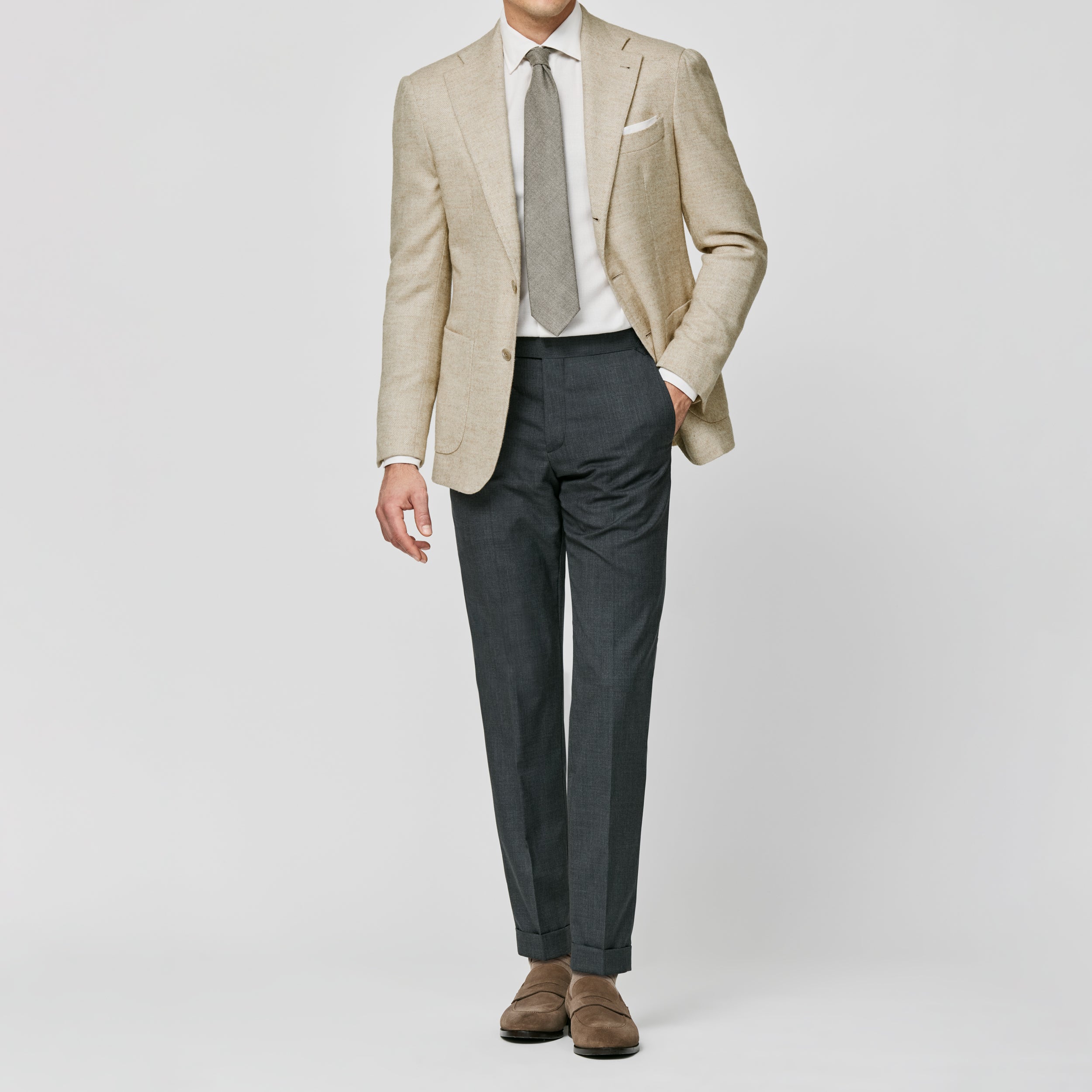 Ivory-Cream Wool-Alpaca Blend Herringbone Jacket