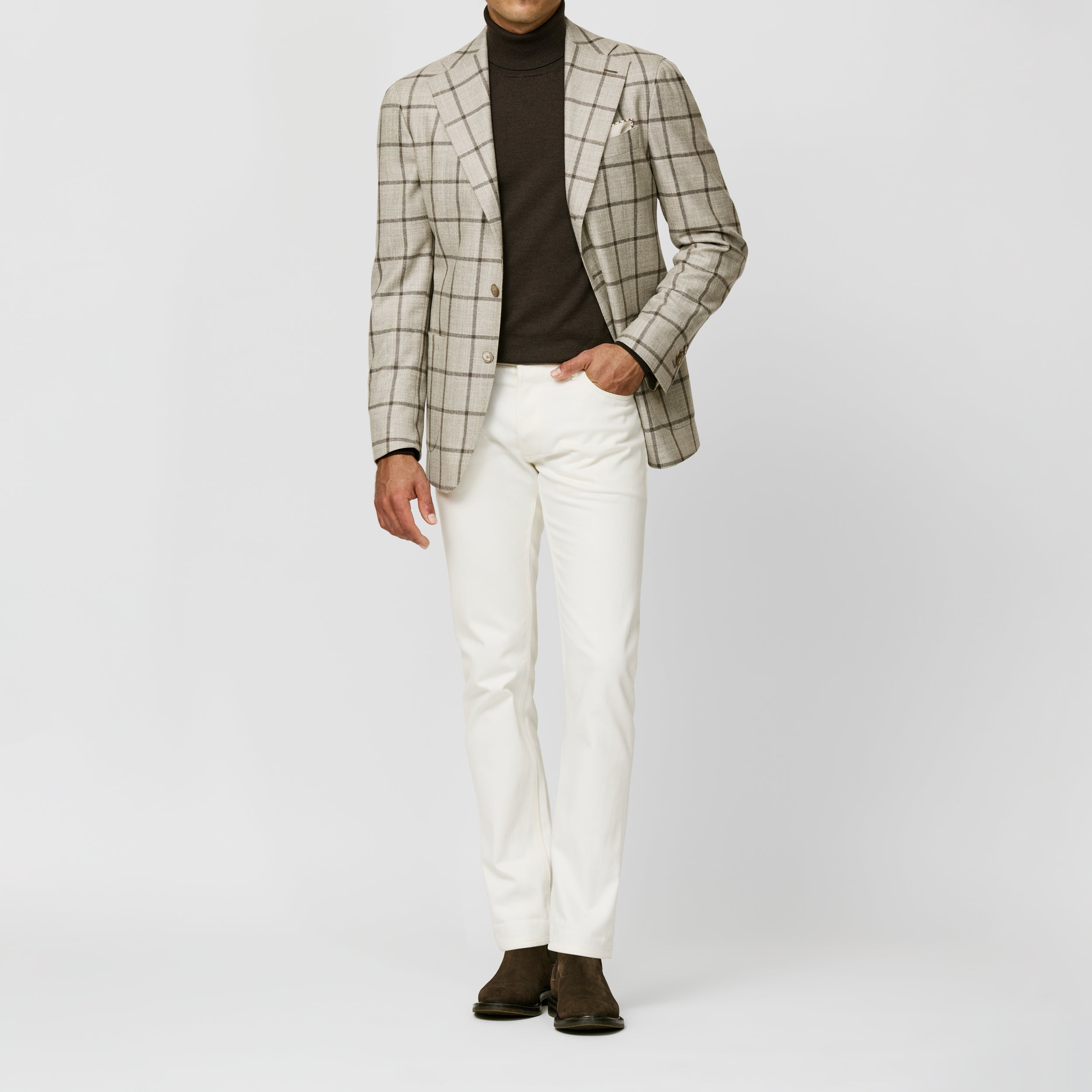 Bone Sharkskin Wool-SilkCashmere w/ Dark Brown Windowpane Jacket