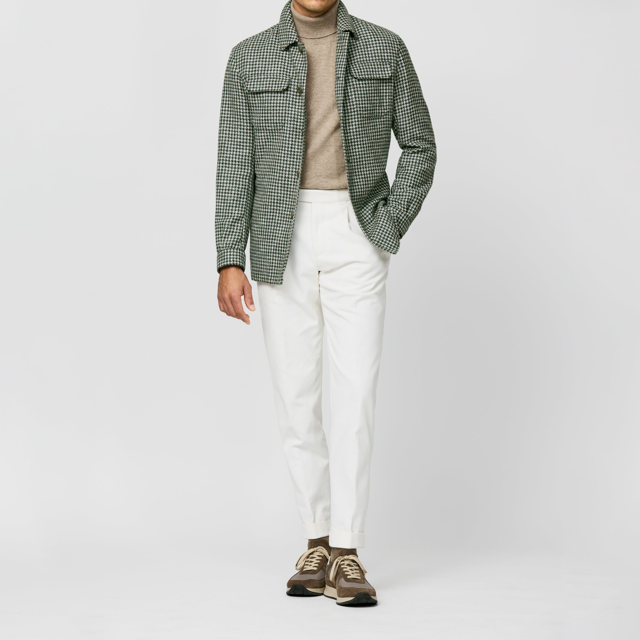 Jade Green-Bone Wool-AlpacaLinen Houndstooth Utility Jacket