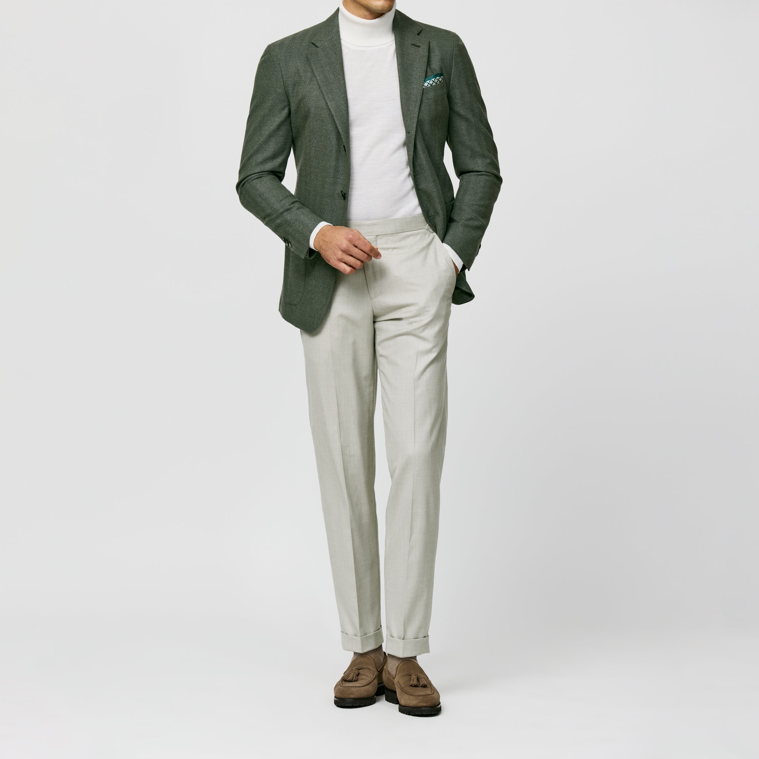 Sage Green Luxury Wool-Silk Flannel Herringbone Jacket