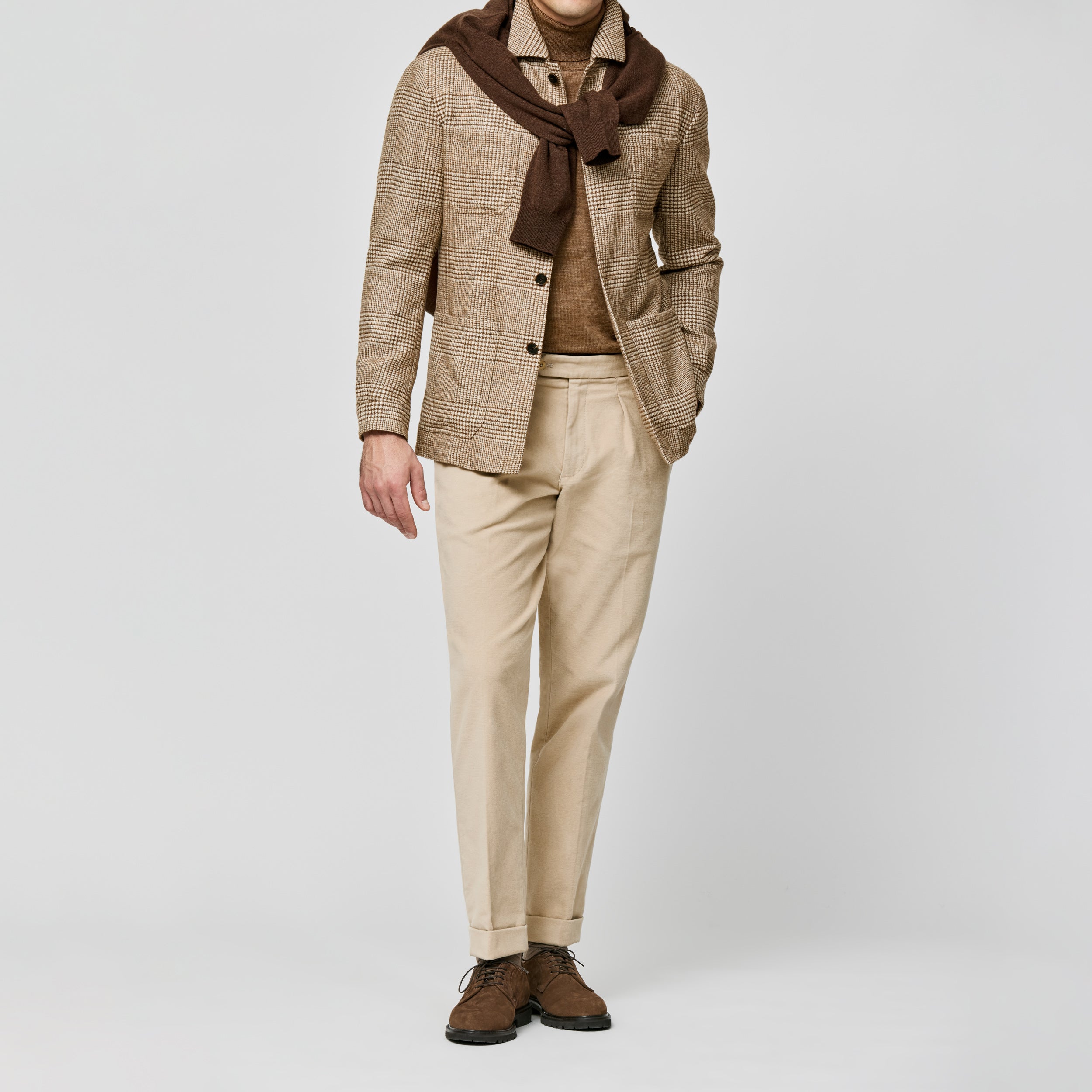 Cream-Caramel Wool-Alpaca Glen Plaid Utility Jacket