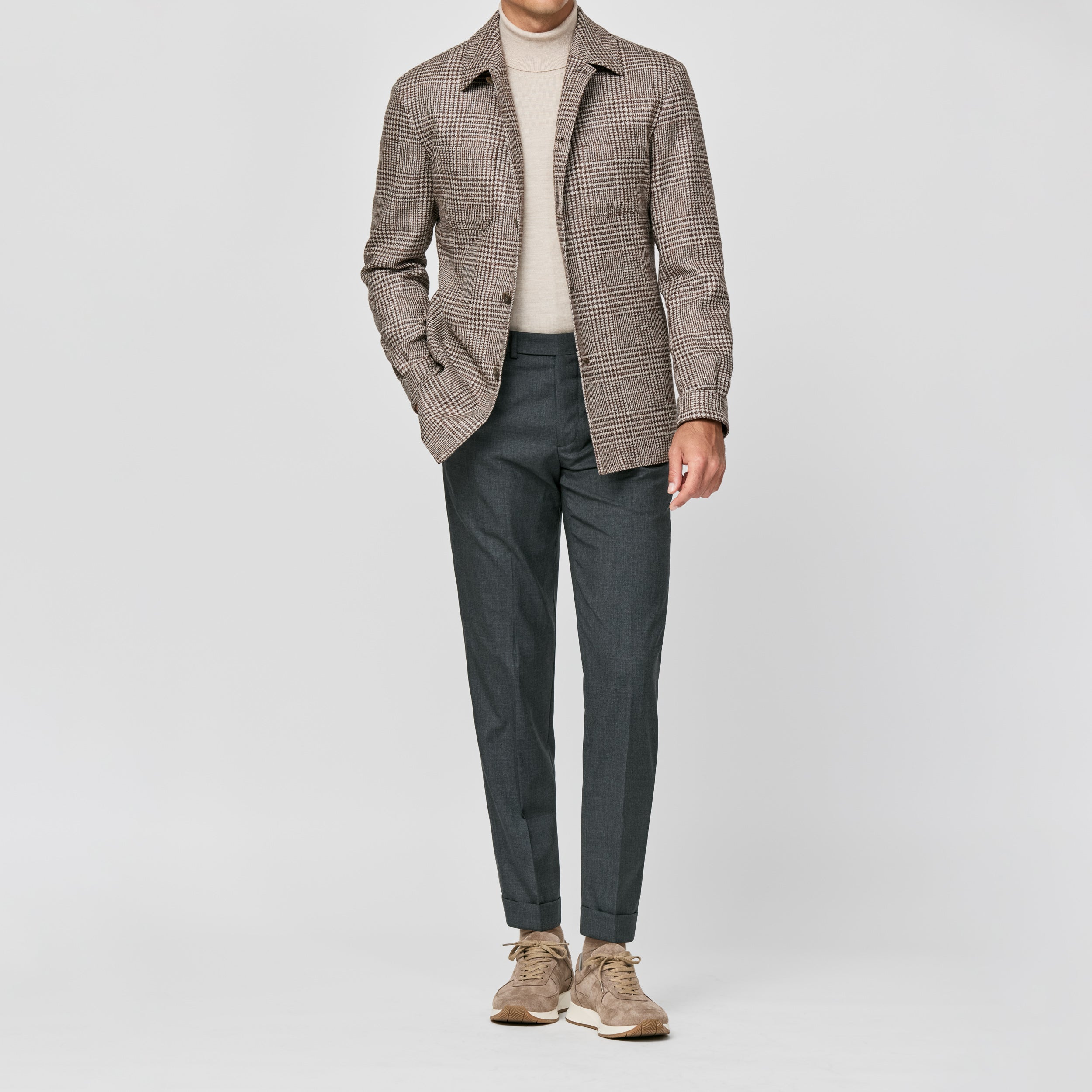 Beige-Brown Wool-Silk W/ Glen Plaid Utility Jacket