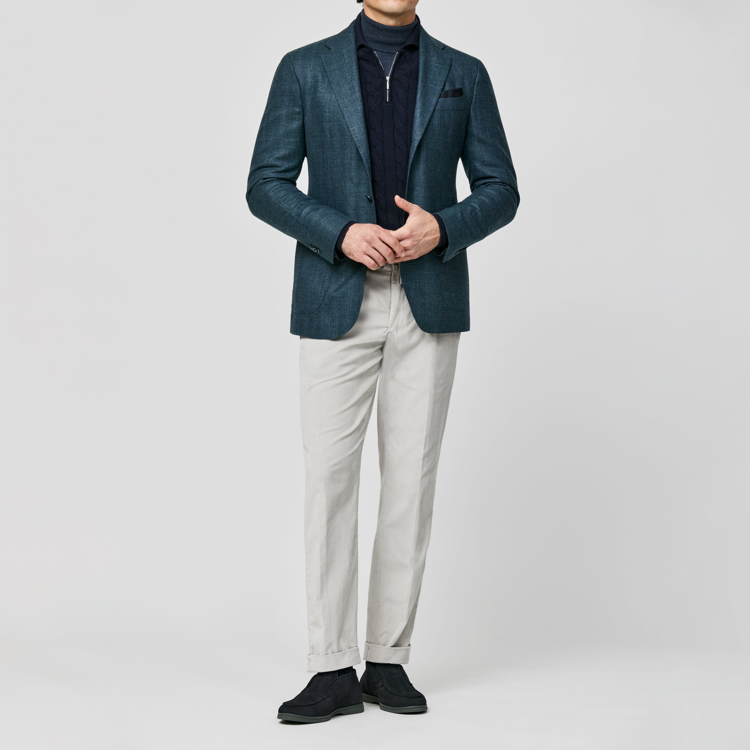 Petrol Mélange Wool-Silk-Linen Subtle Herringbone Jacket