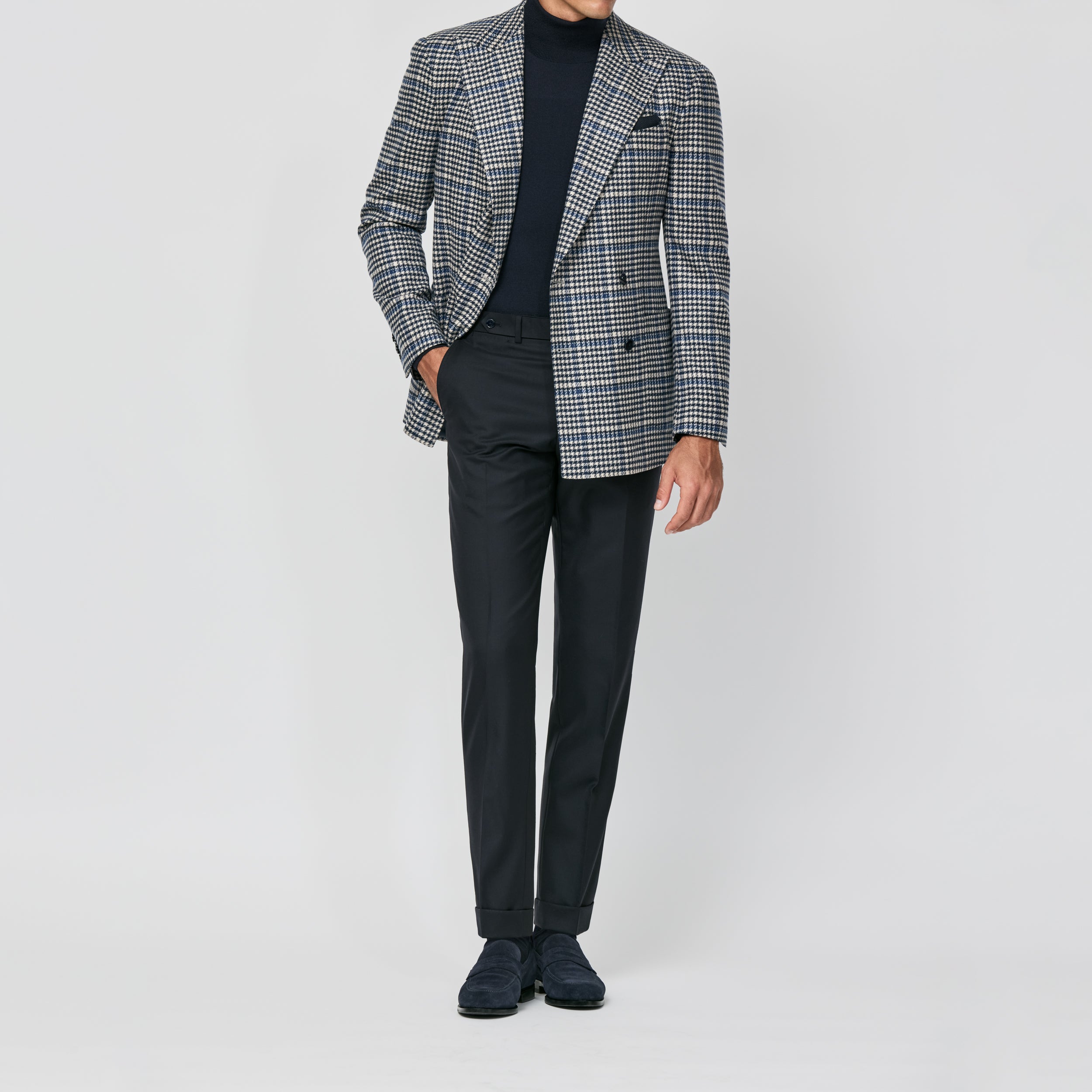 Navy-Sand Wool-Cashmere Houndstooth w/ Royal Blue Windowpane Jacket