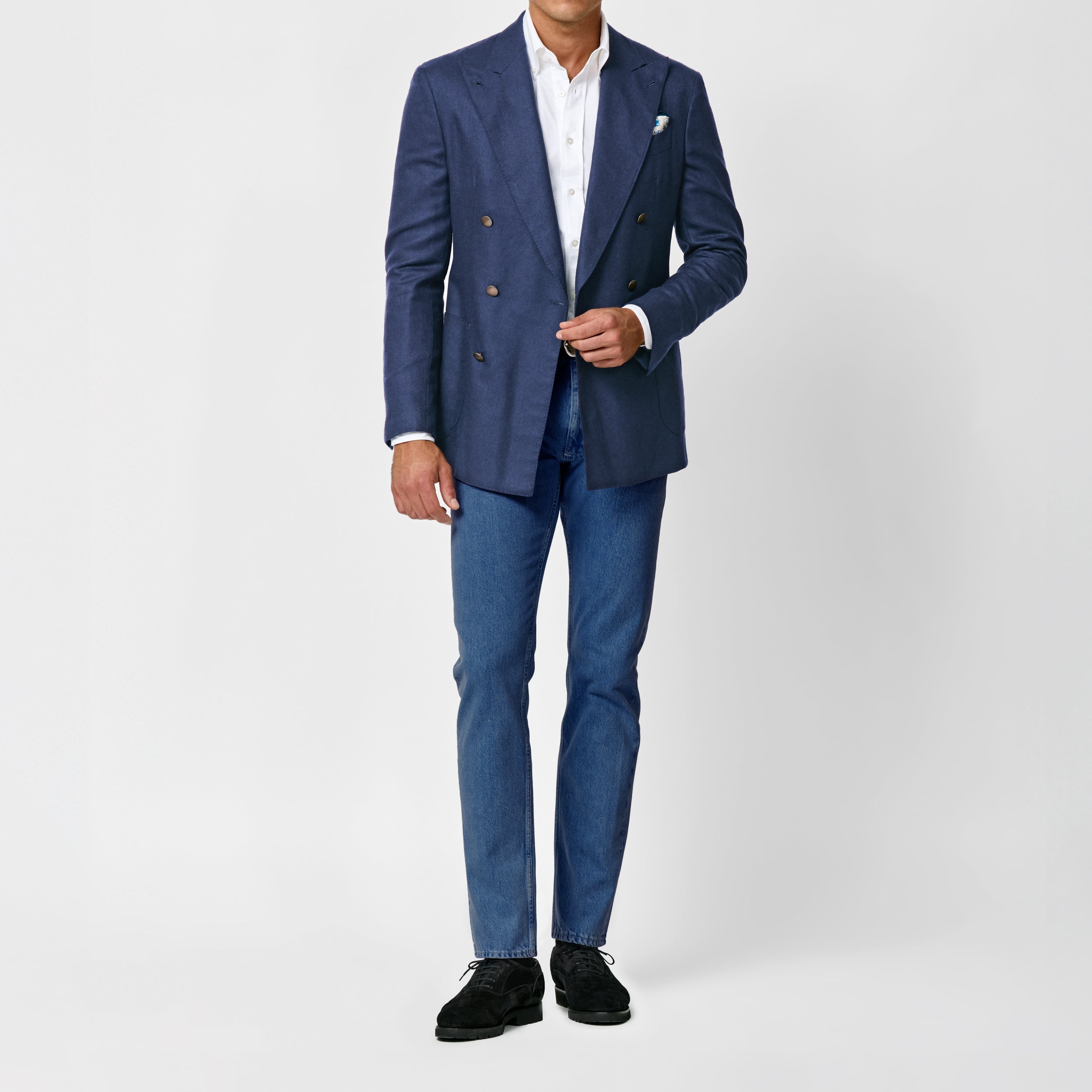 Dark Blue Wool-Silk-Linen Subtle Herringbone Jacket