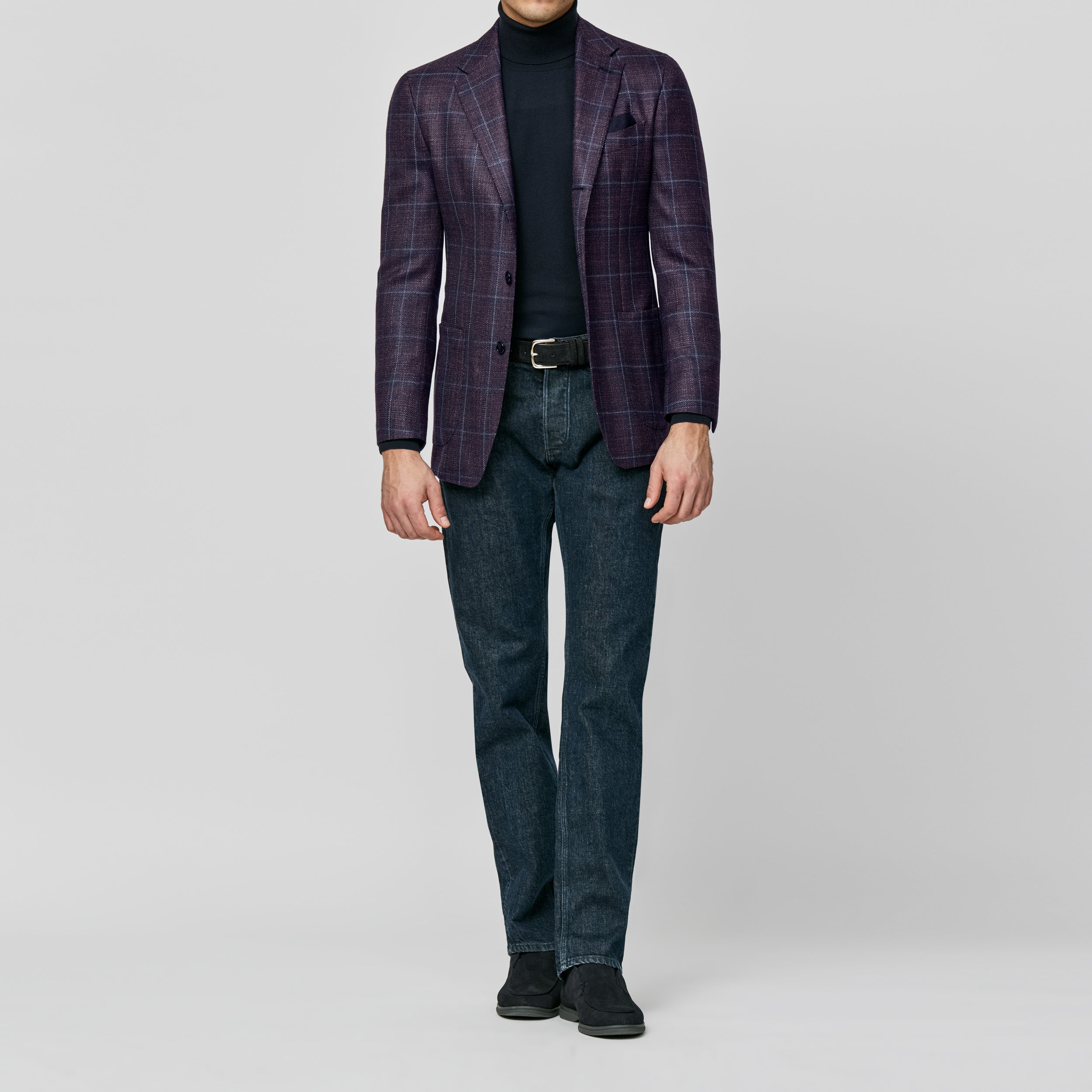Indigo Blue-Plum Wool-Silk w/ Mixed Blue Glen Plaid Jacket