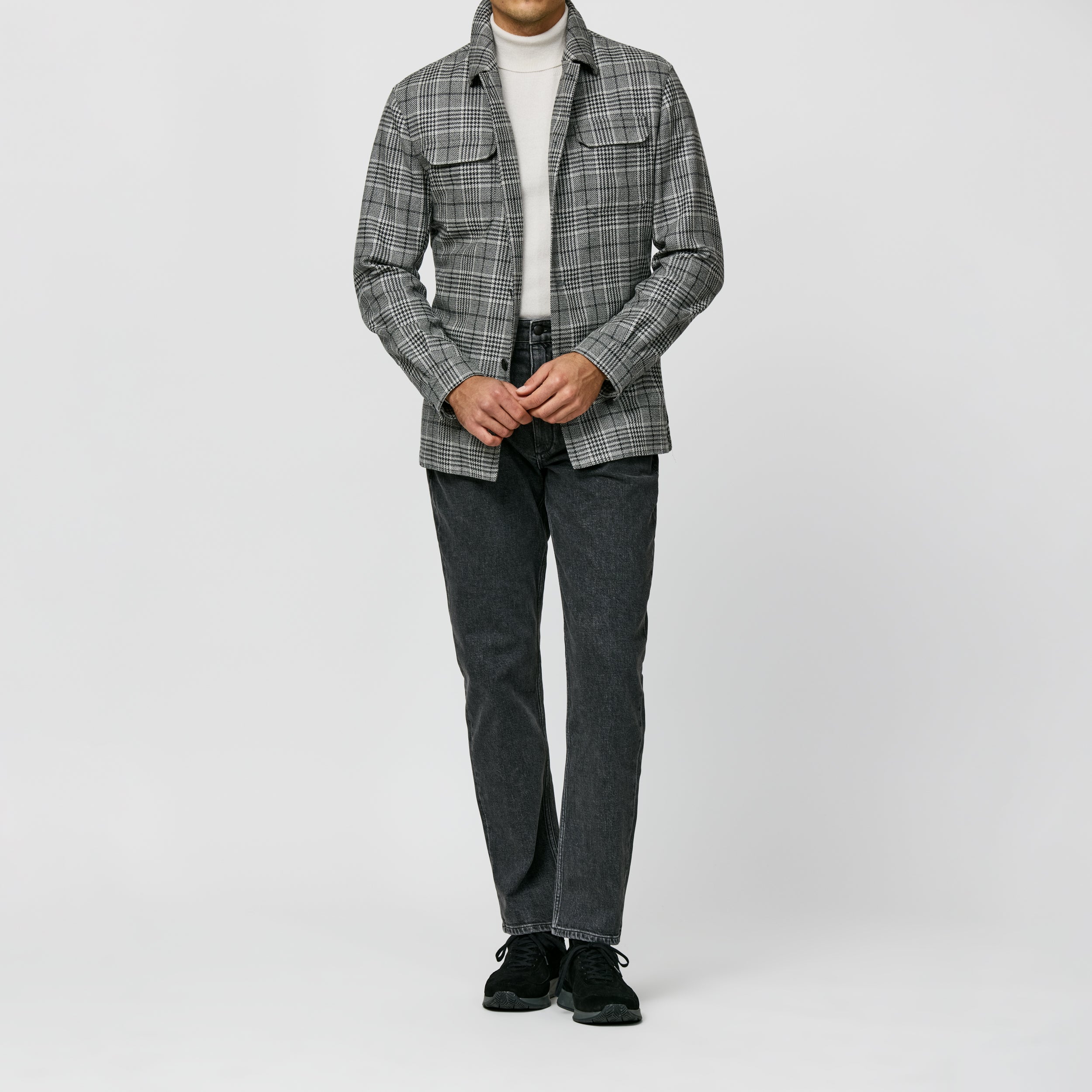 Black-White Wool-Silk Glen Plaid Utility Jacket