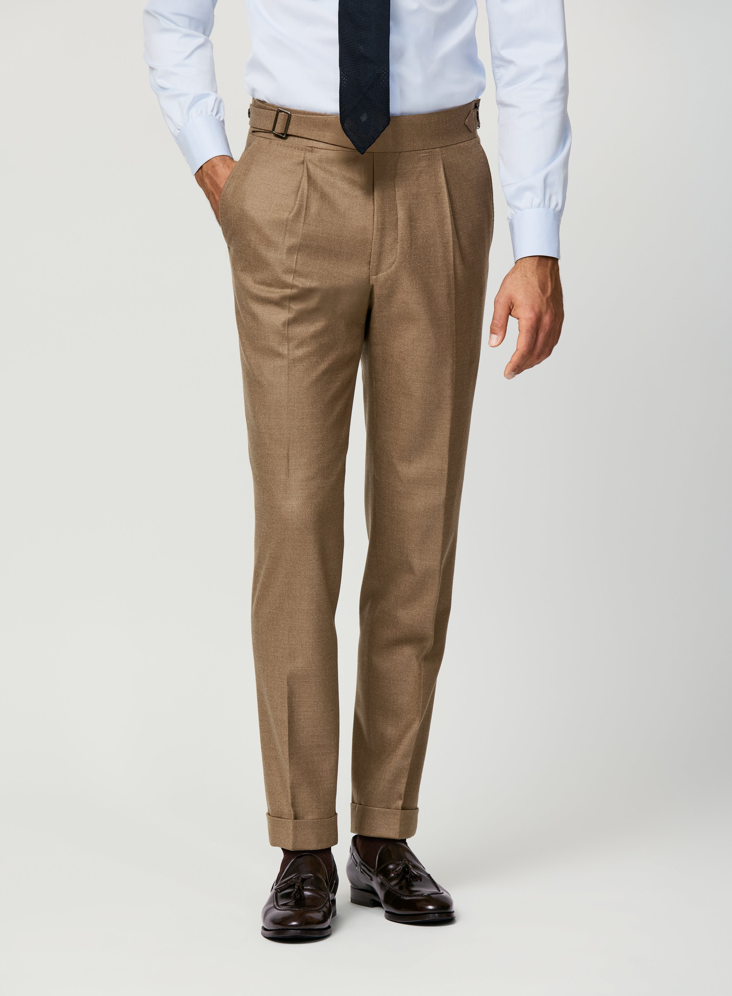 Soft Caramel Stretch Brushed Wool Twill Trousers