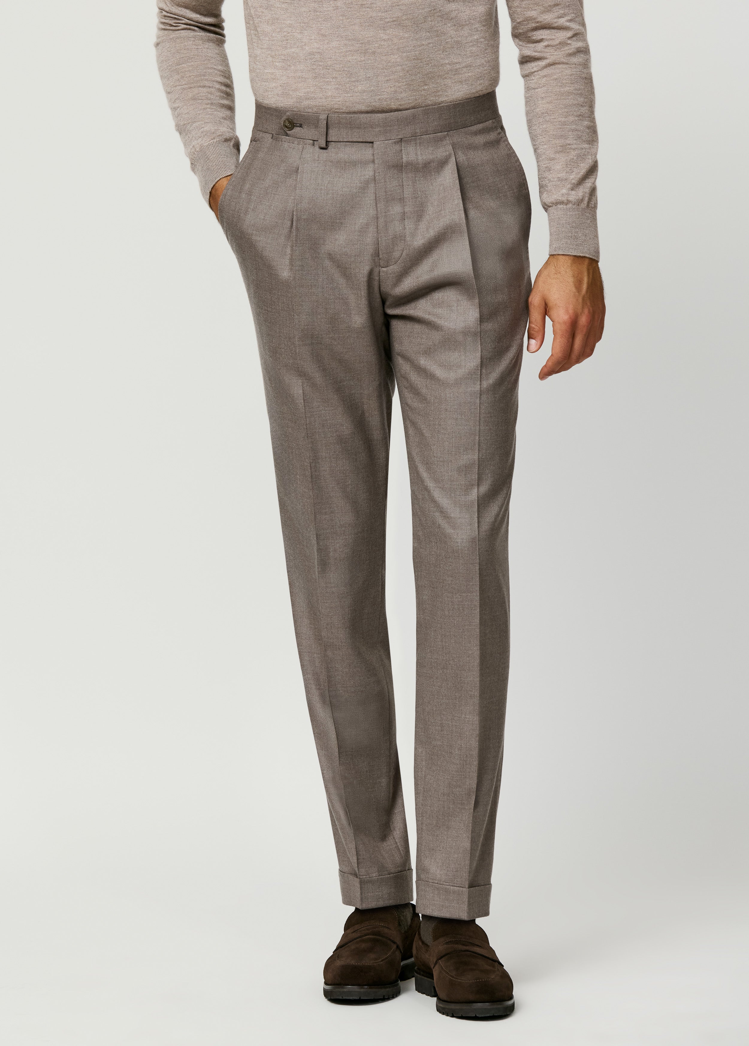 Taupe Stretch Cashmere Plain Weave Trousers