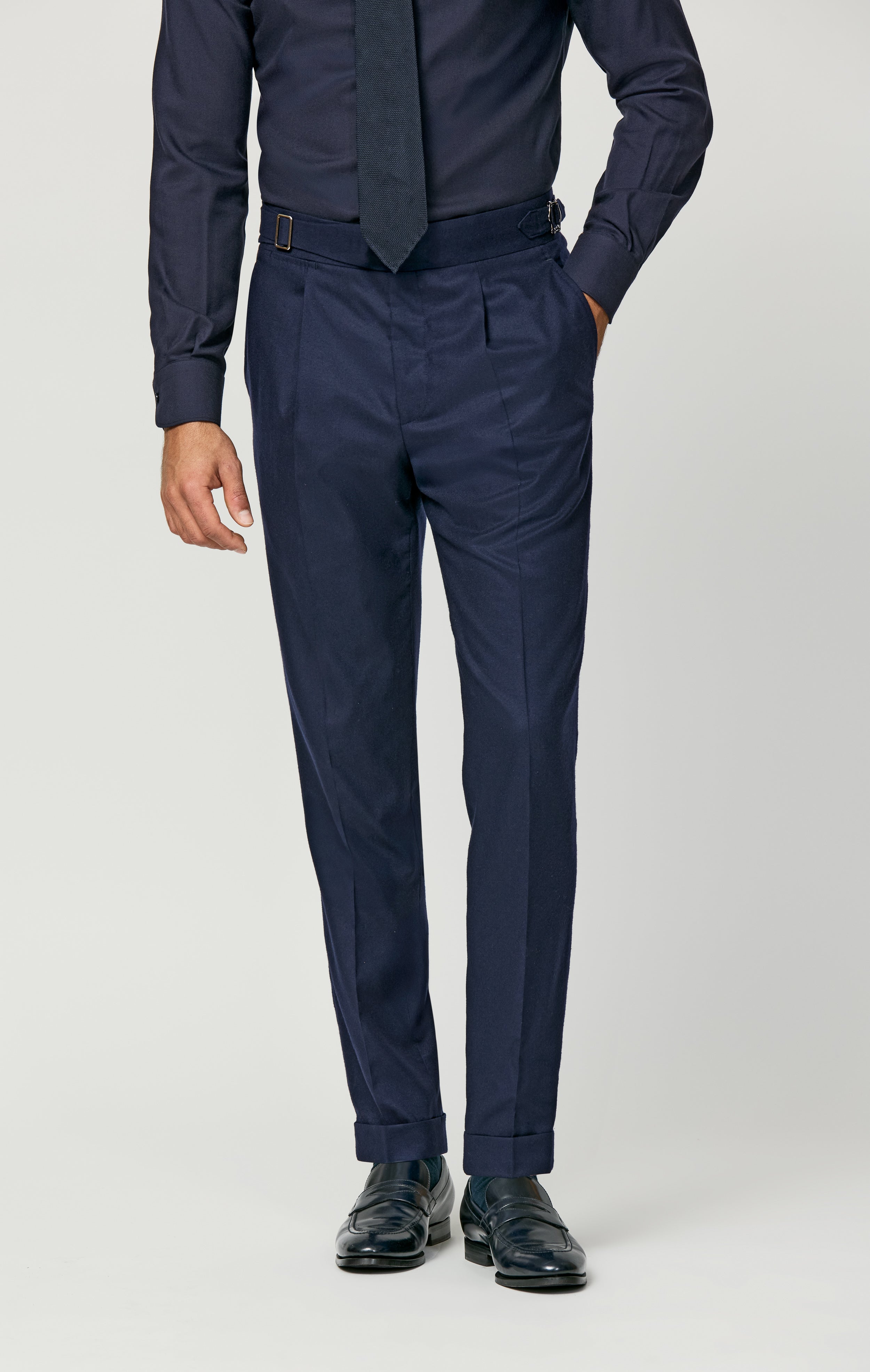 Navy Blue Stretch Cashmere Plain Weave Trousers