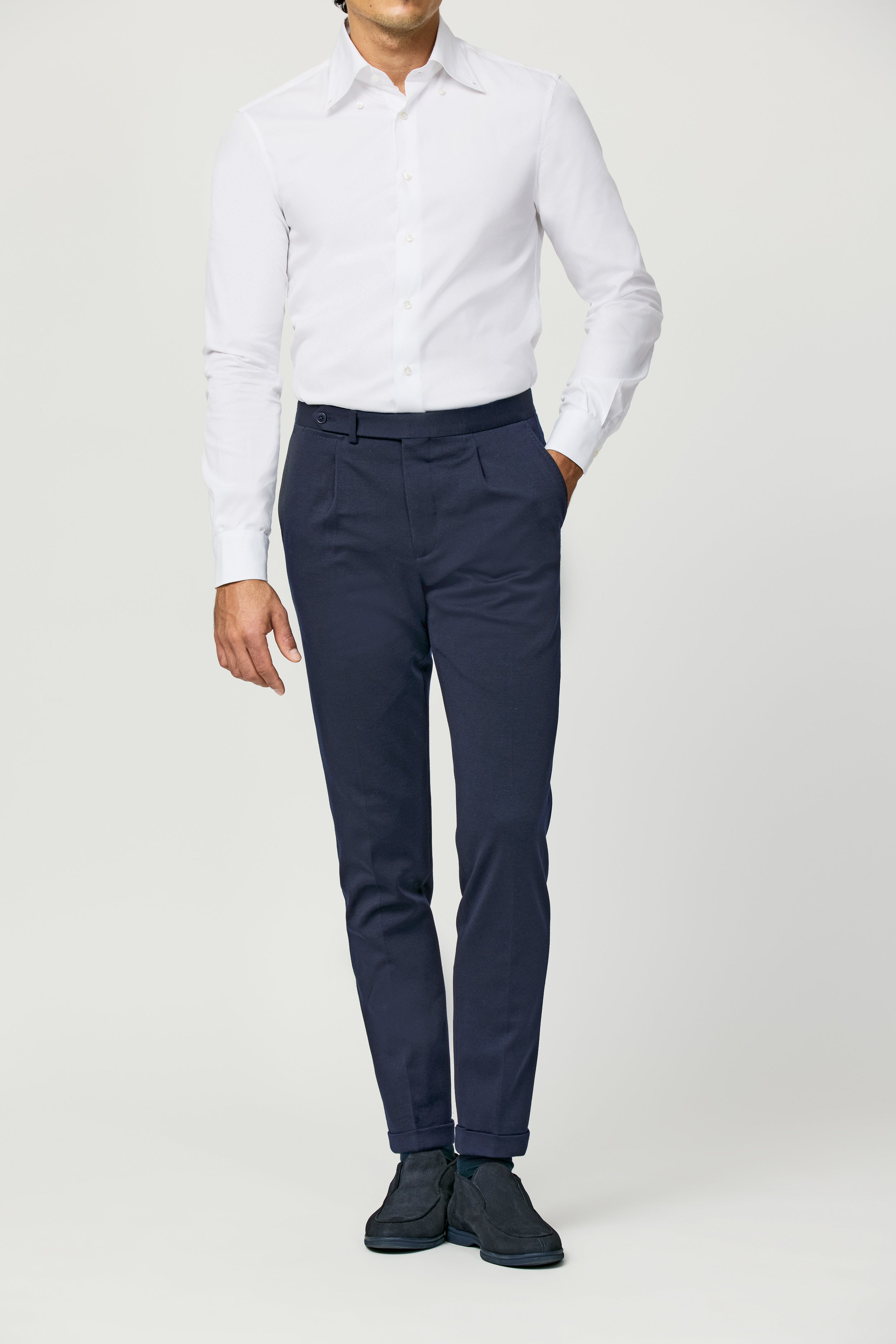 Midnight Blue Stretch Knit Wool Blend Trousers