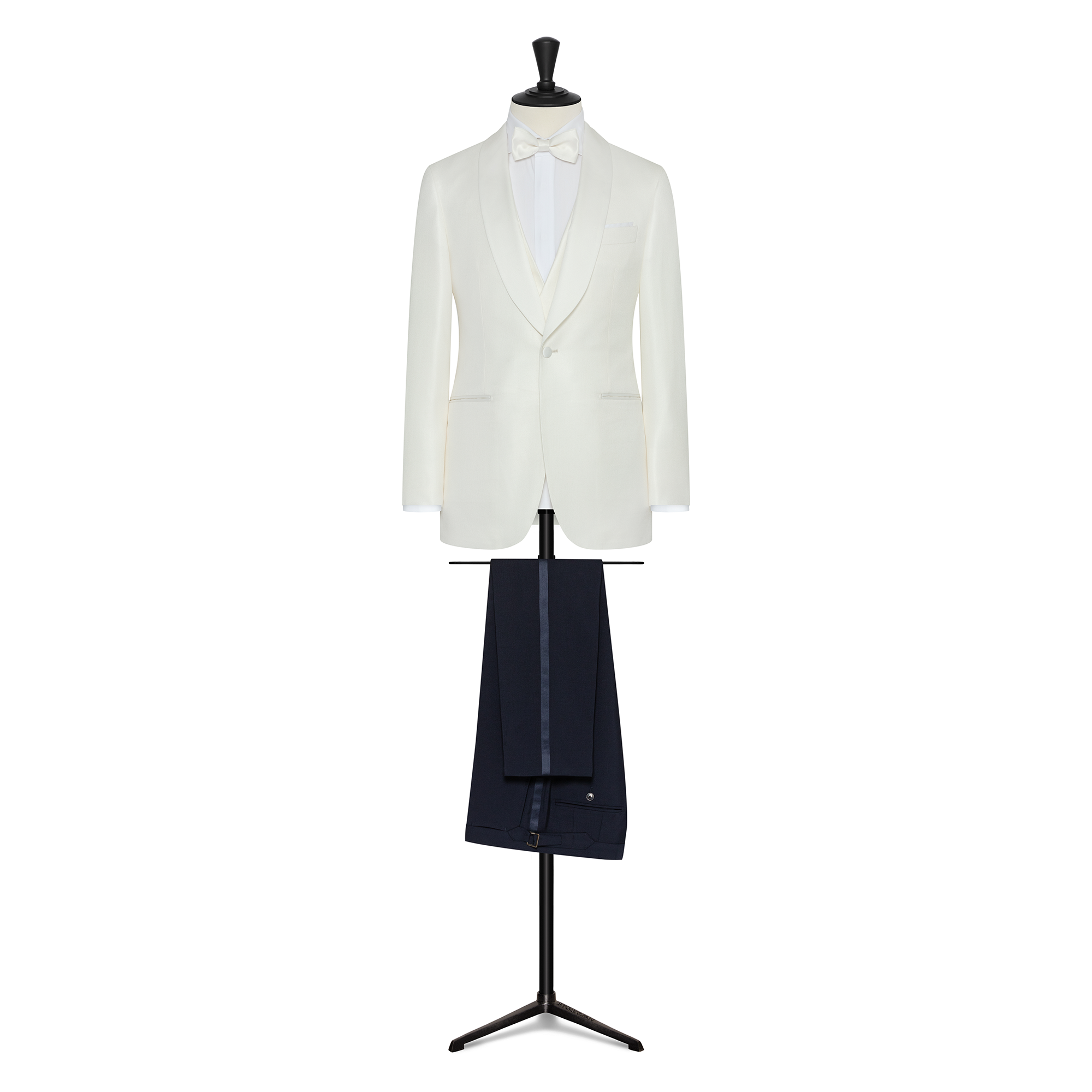 Off-White Bamboo Jacket & Vest W/ Wool-Mohair Barathea Navy Tuxedo Trousers