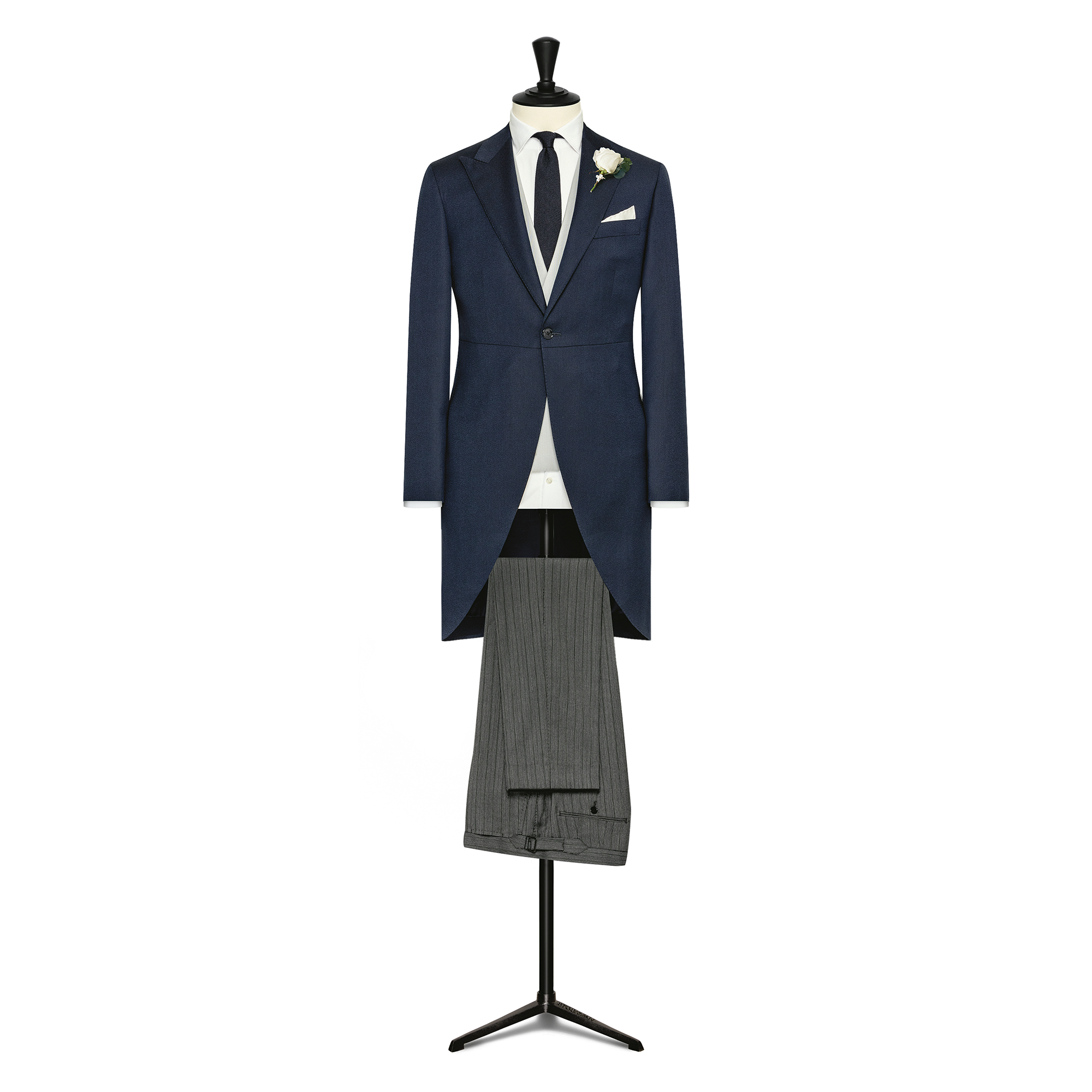 Navy S120 Wool Sablé Morning Coat, Ivory S120 Wool Sablé Vest & Grey S110 Wool W/ Pinstripe Trousers