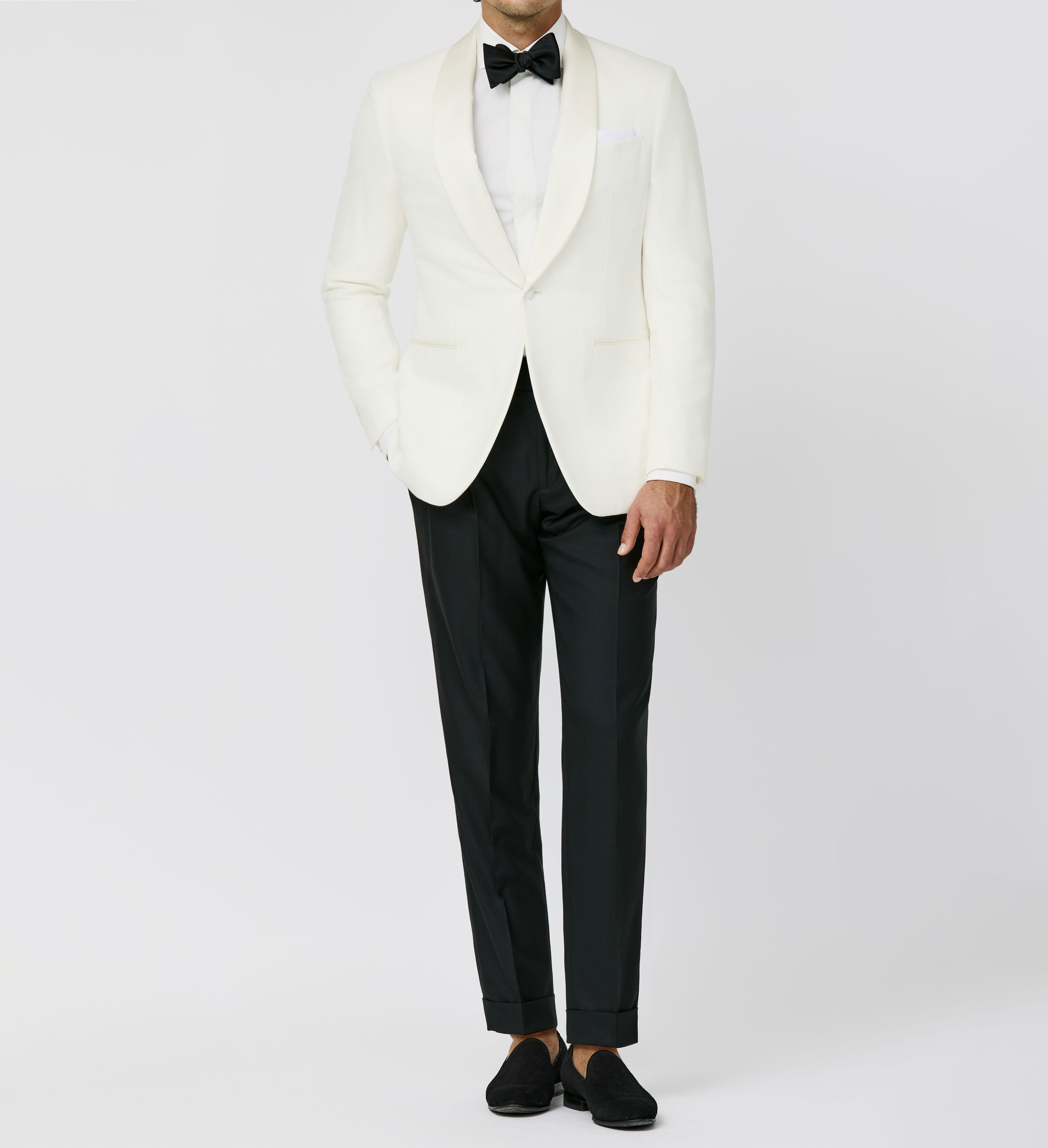 Off-White Bamboo Dinner Jacket w/Wool-Mohair Barathea Black Tuxedo Trousers