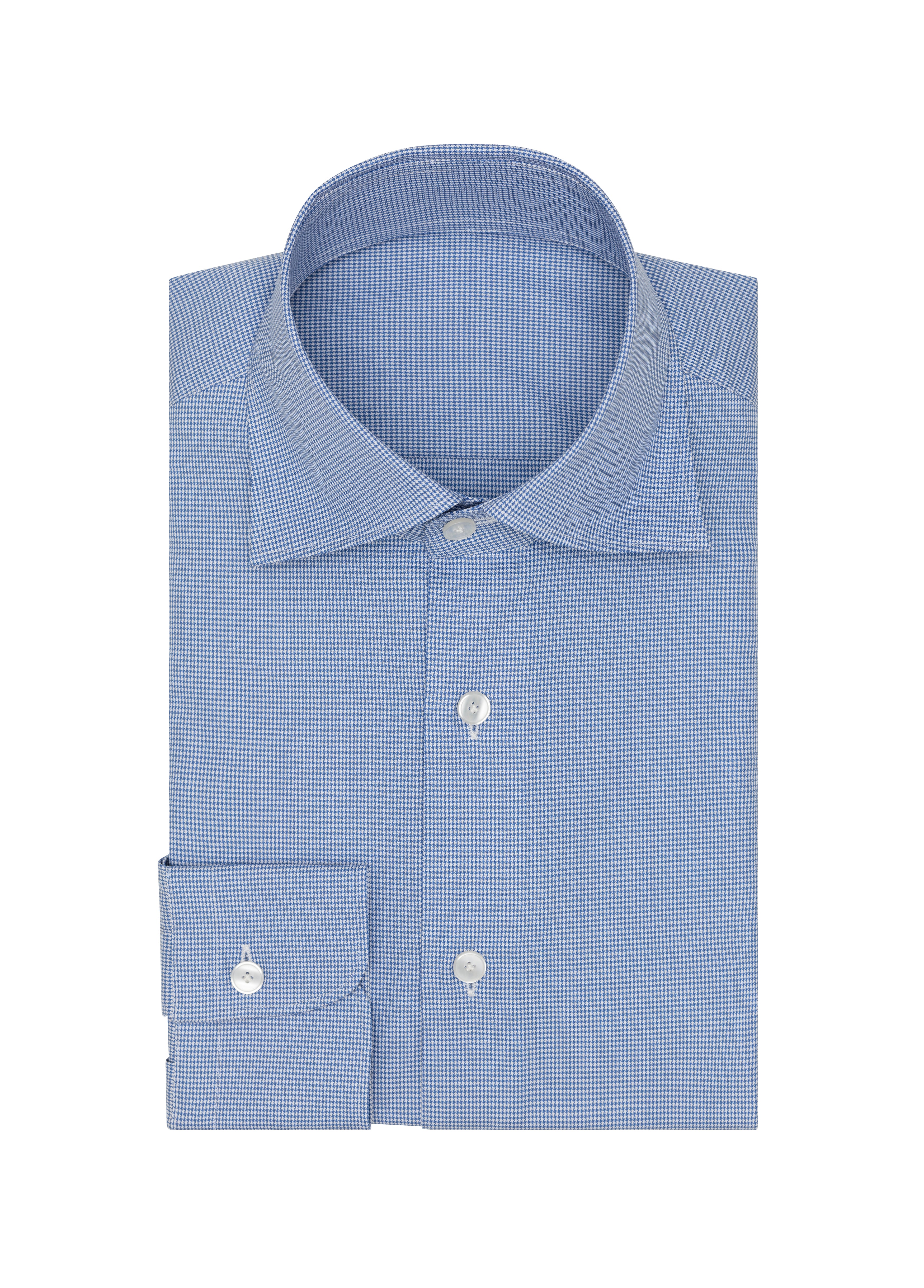 Blue Cotton Micro-Houndstooth Twill Shirt