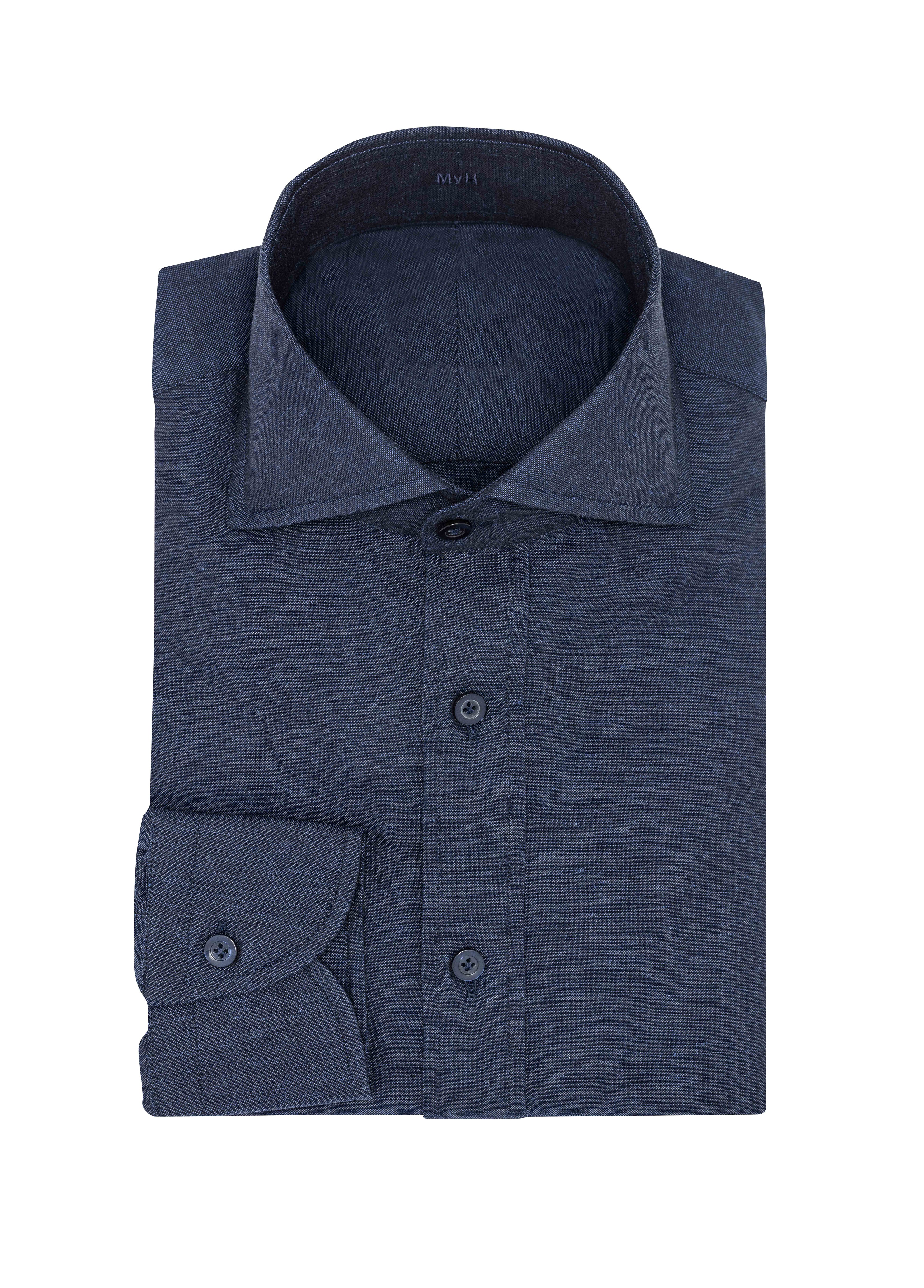 Black-Denim Blue Chambray Cotton-Linen Shirt