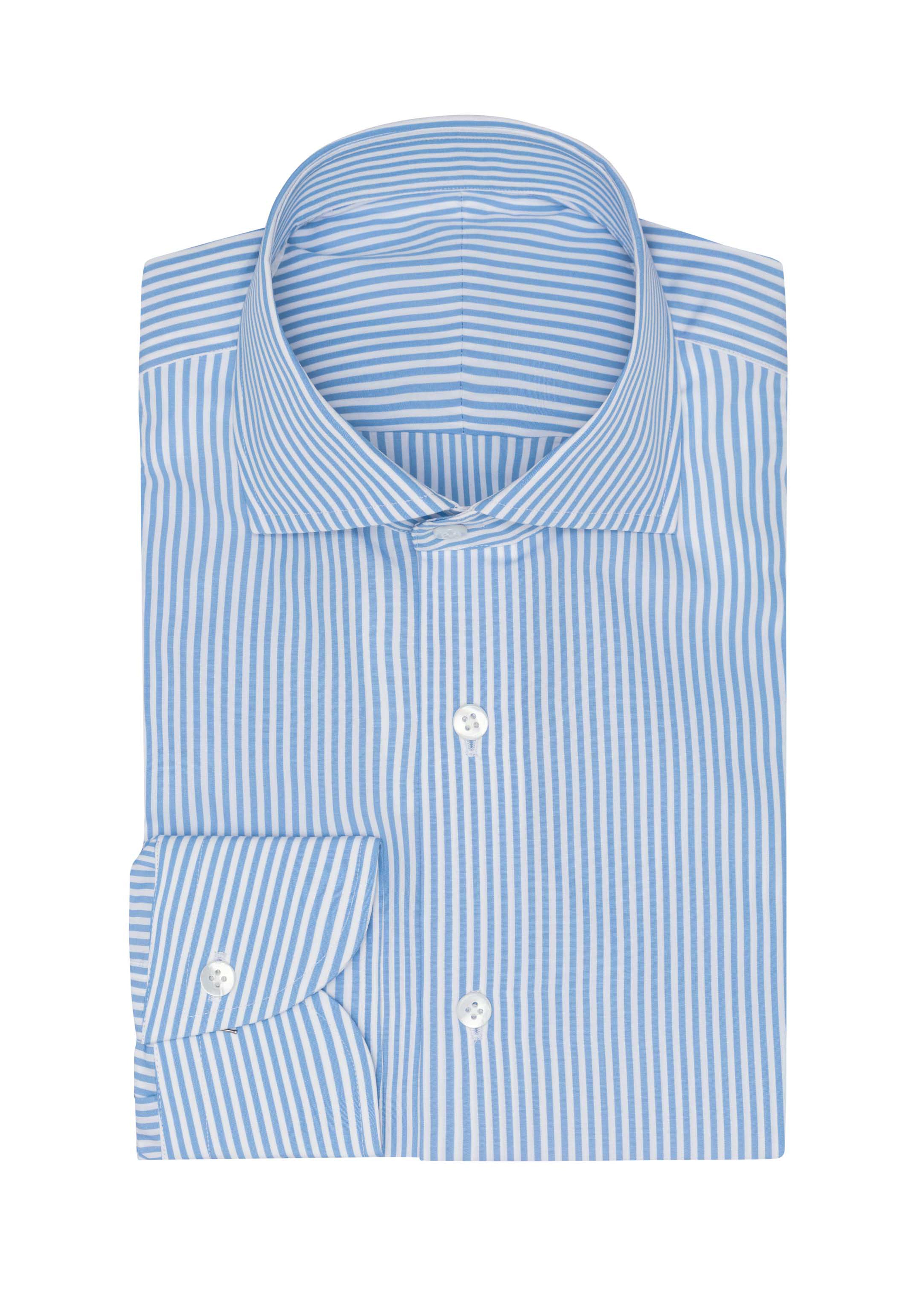 White Cotton Poplin W/ Sky Blue Bengal Stripe Shirt