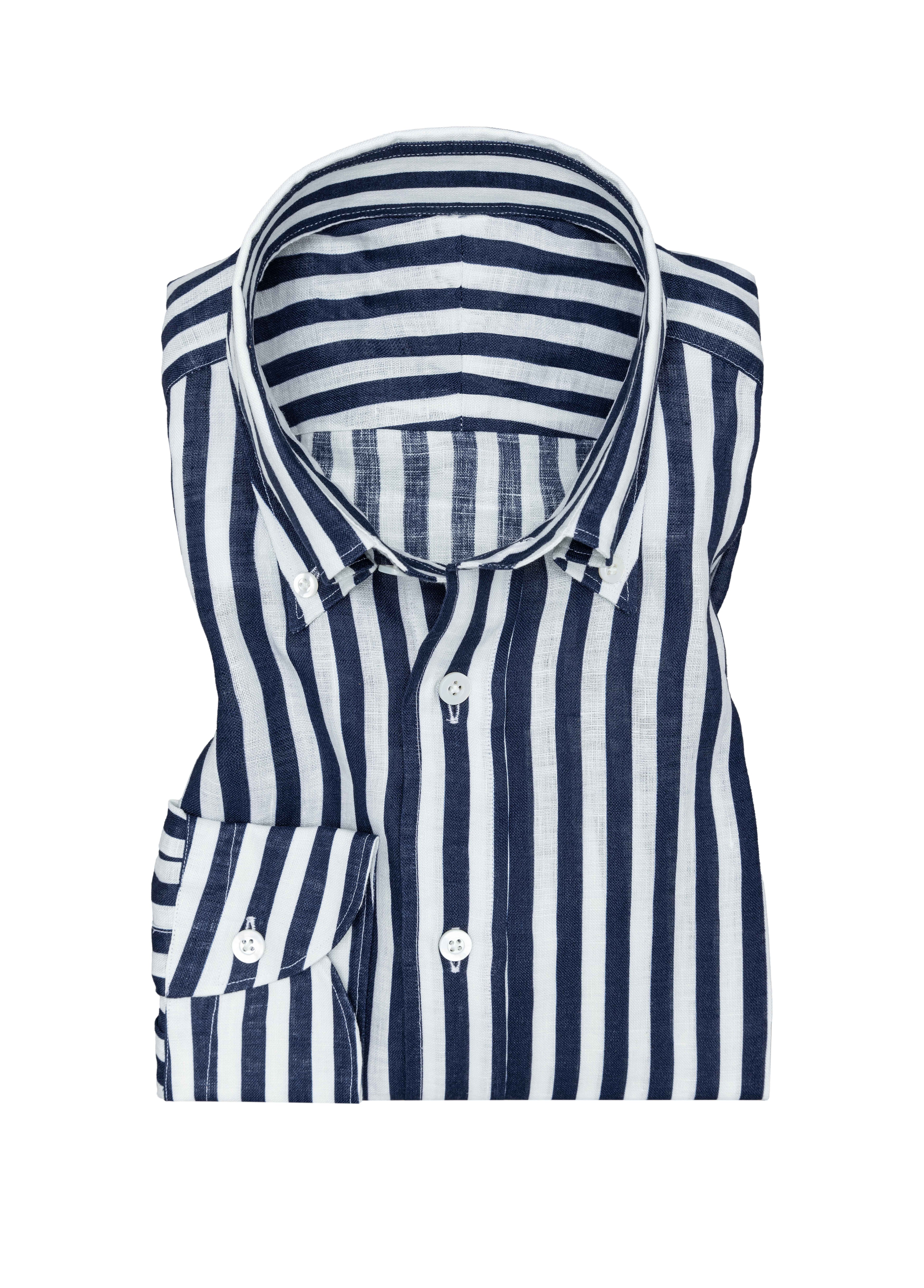 White Linen W/ Blue Bold Stripe Shirt