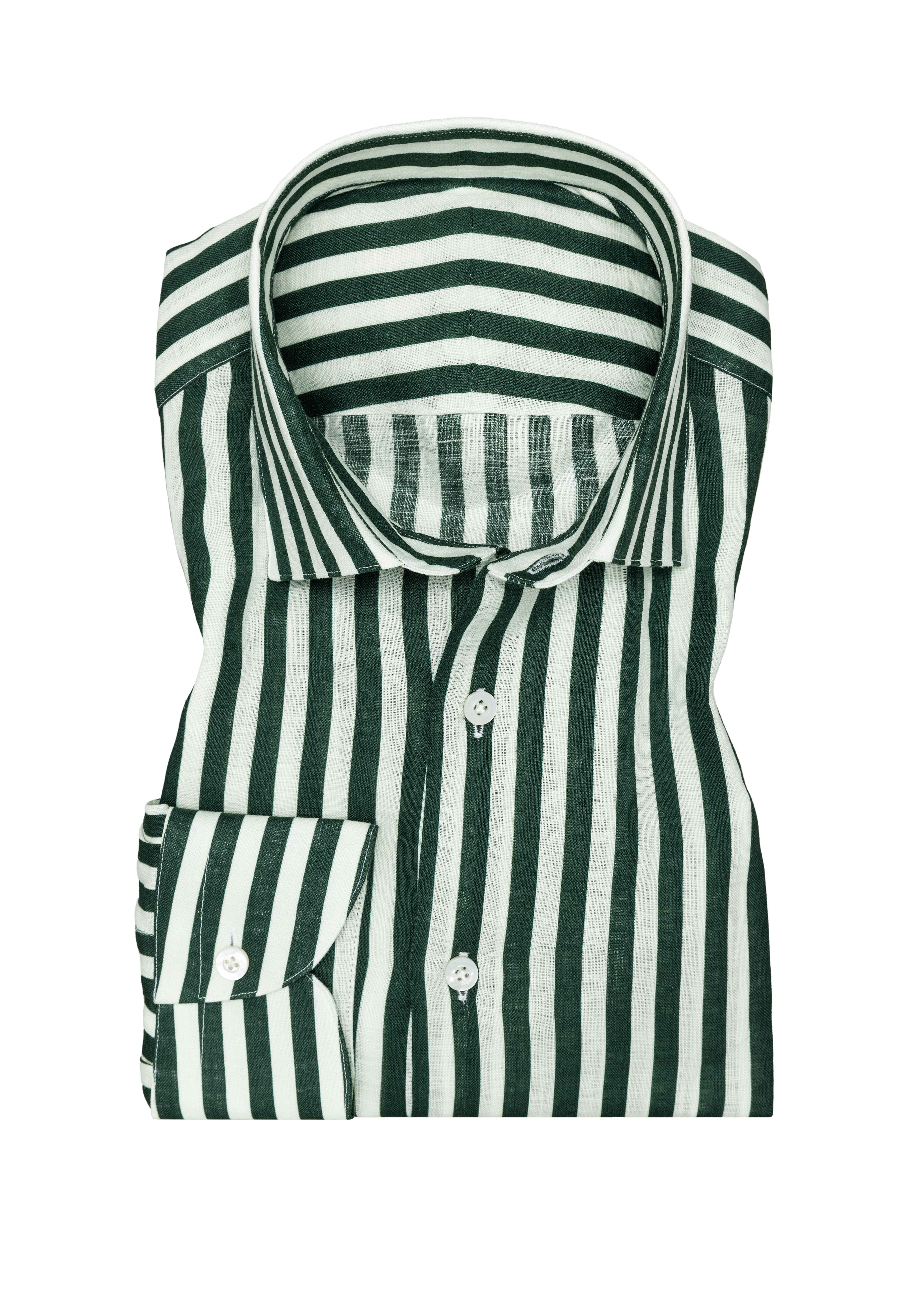 White Linen W/ Bottle Green Bold Stripe Shirt