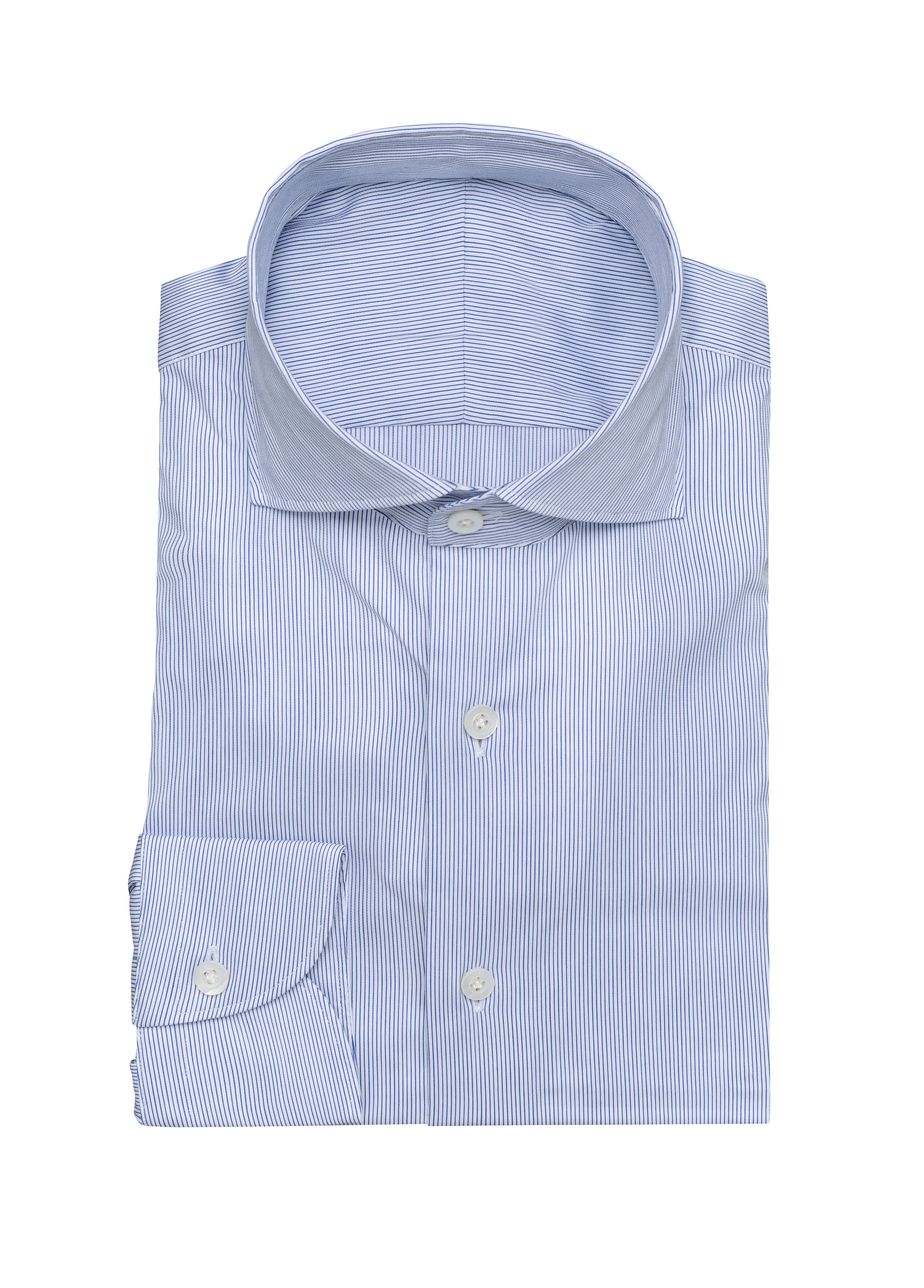 White Stretch Cotton Blend Sateen W/ Cobalt Blue Hairline Stripes