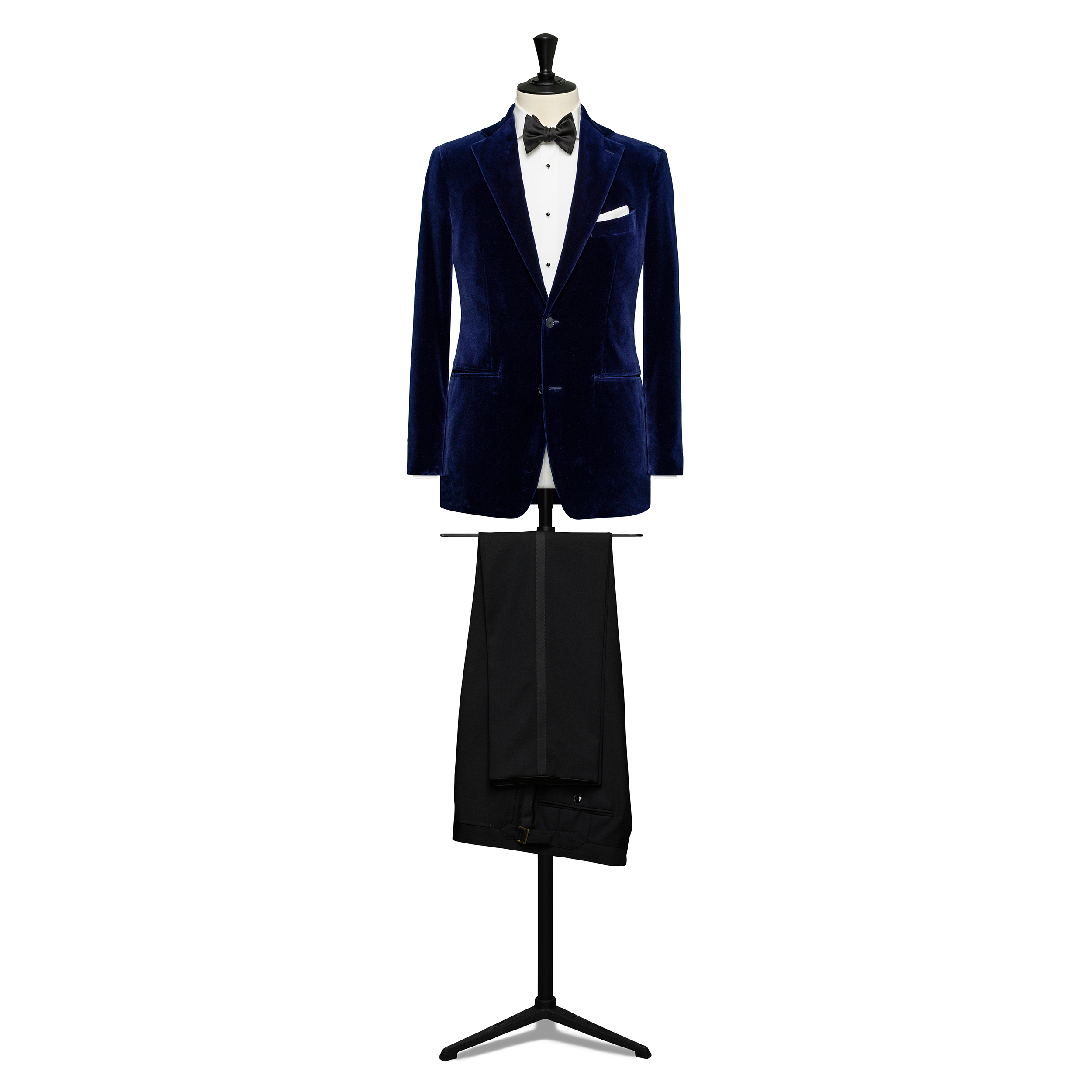 Navy Cotton Velvet Dinner Jacket W/ Wool-Mohair Barathea Black Tuxedo Trousers