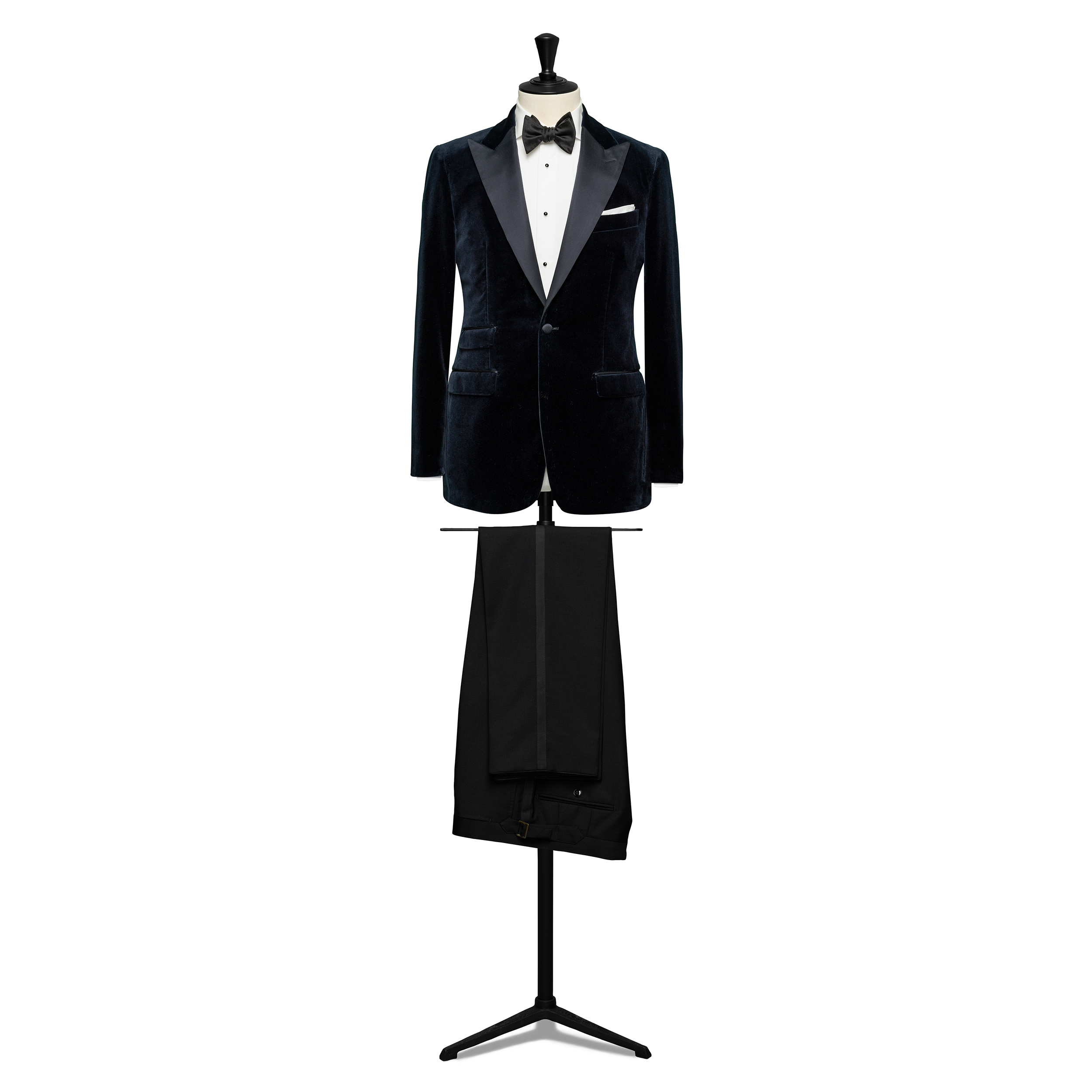 Midnight Blue Cotton Velvet W/ Wool-Mohair Barathea Black Tuxedo Trousers